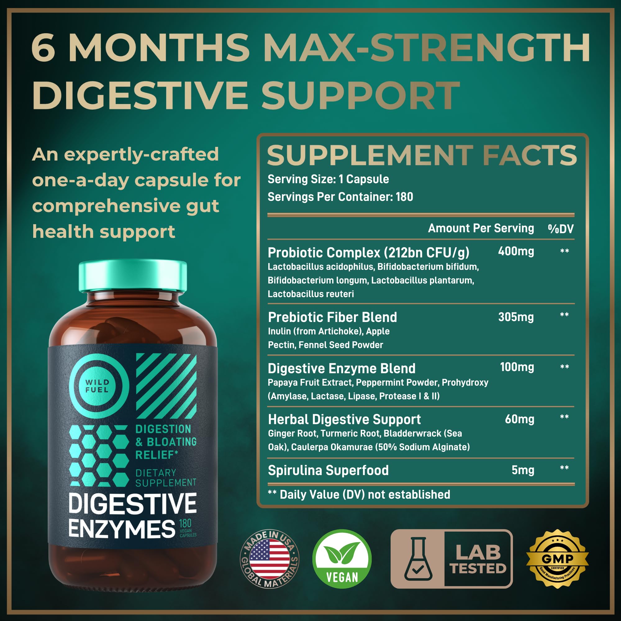 WILD FUEL Probiotics daily Enzymes capsule on a wooden table