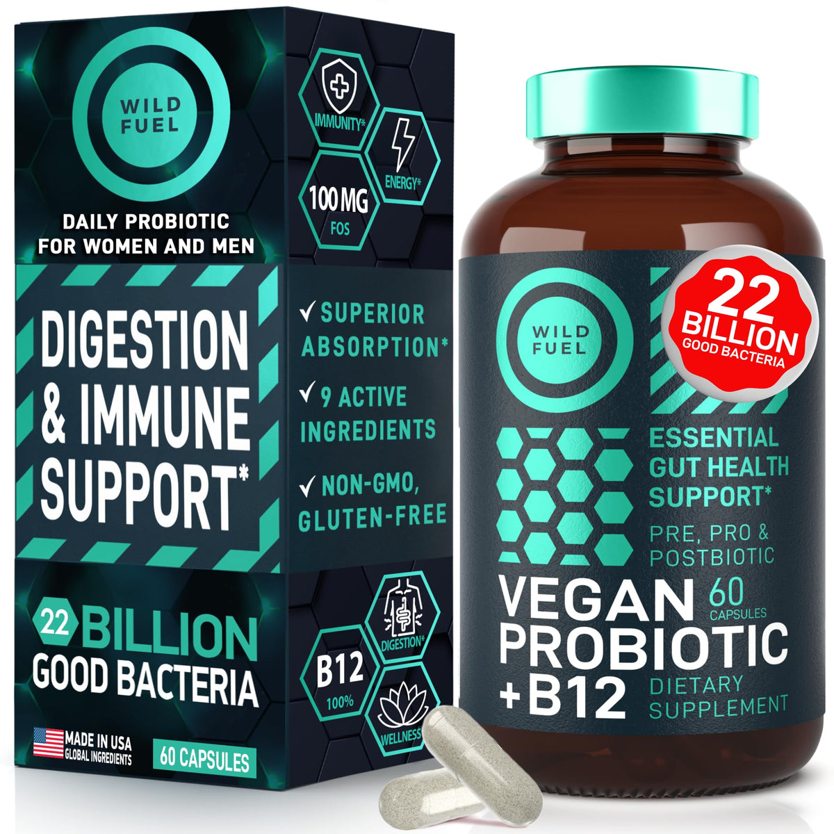 WILD FUEL Vegan Probiotic Supplement 60 capsules front view