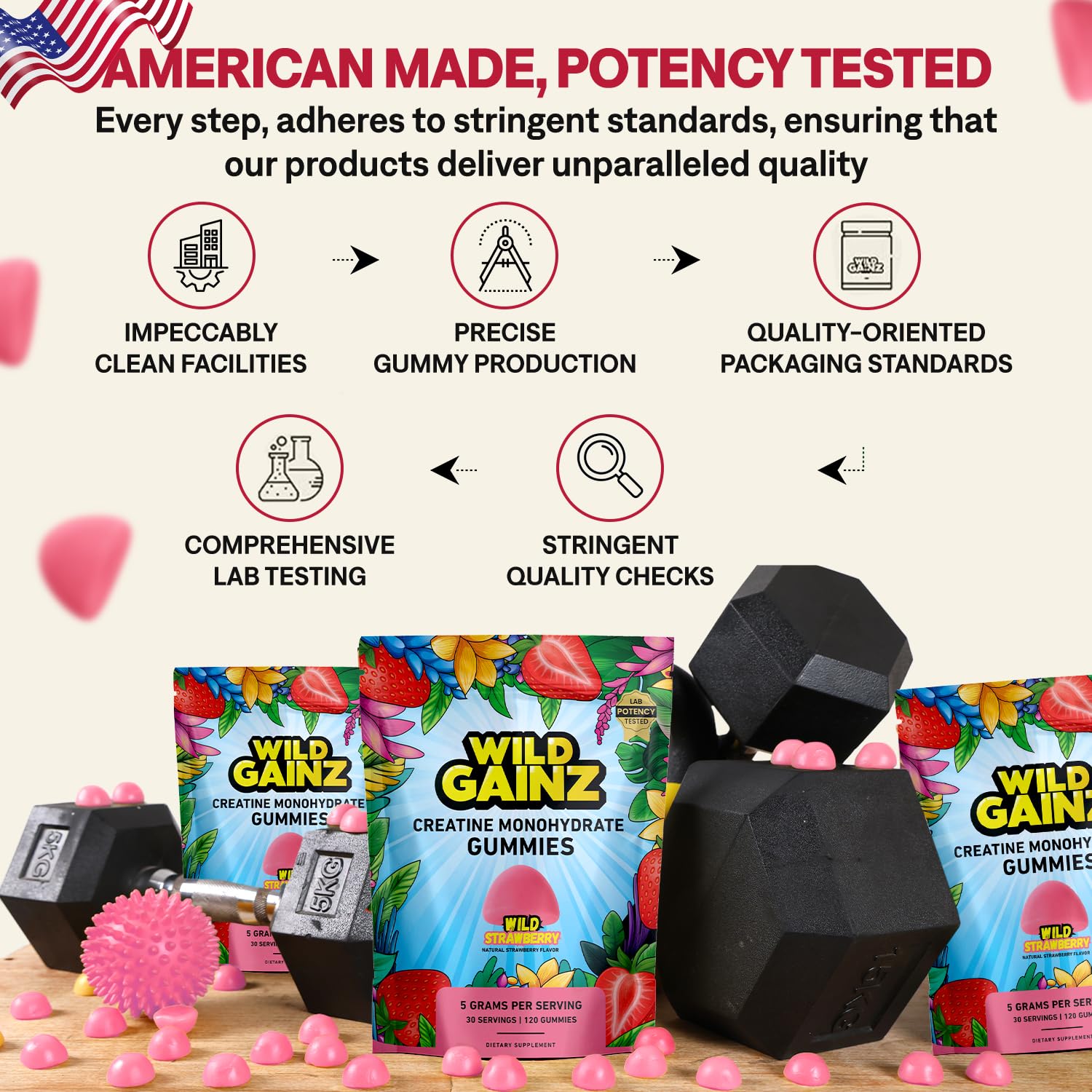 WILD GAINZ Creatine Gummies bag opened