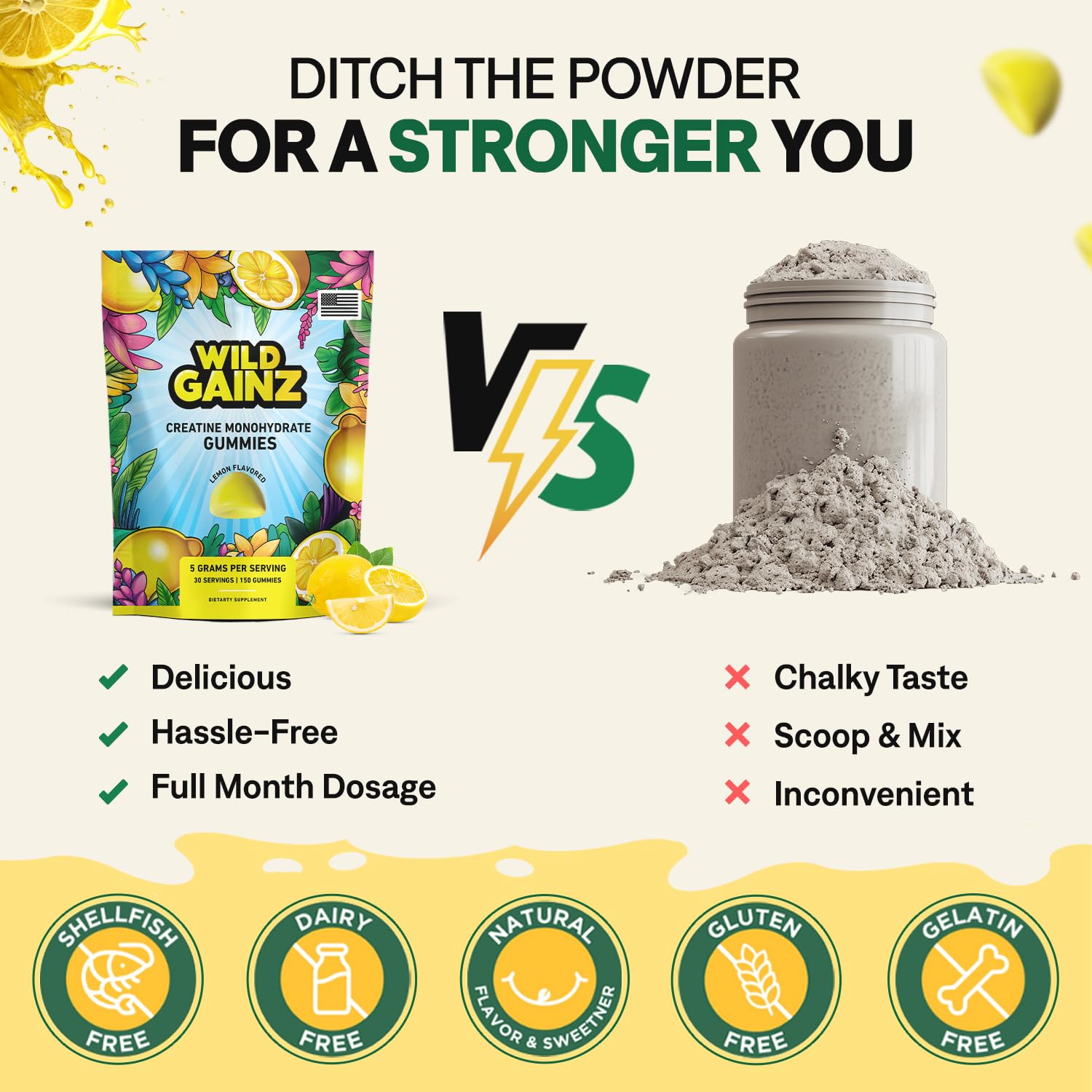 WILD GAINZ Creatine Gummies displayed with gym accessories