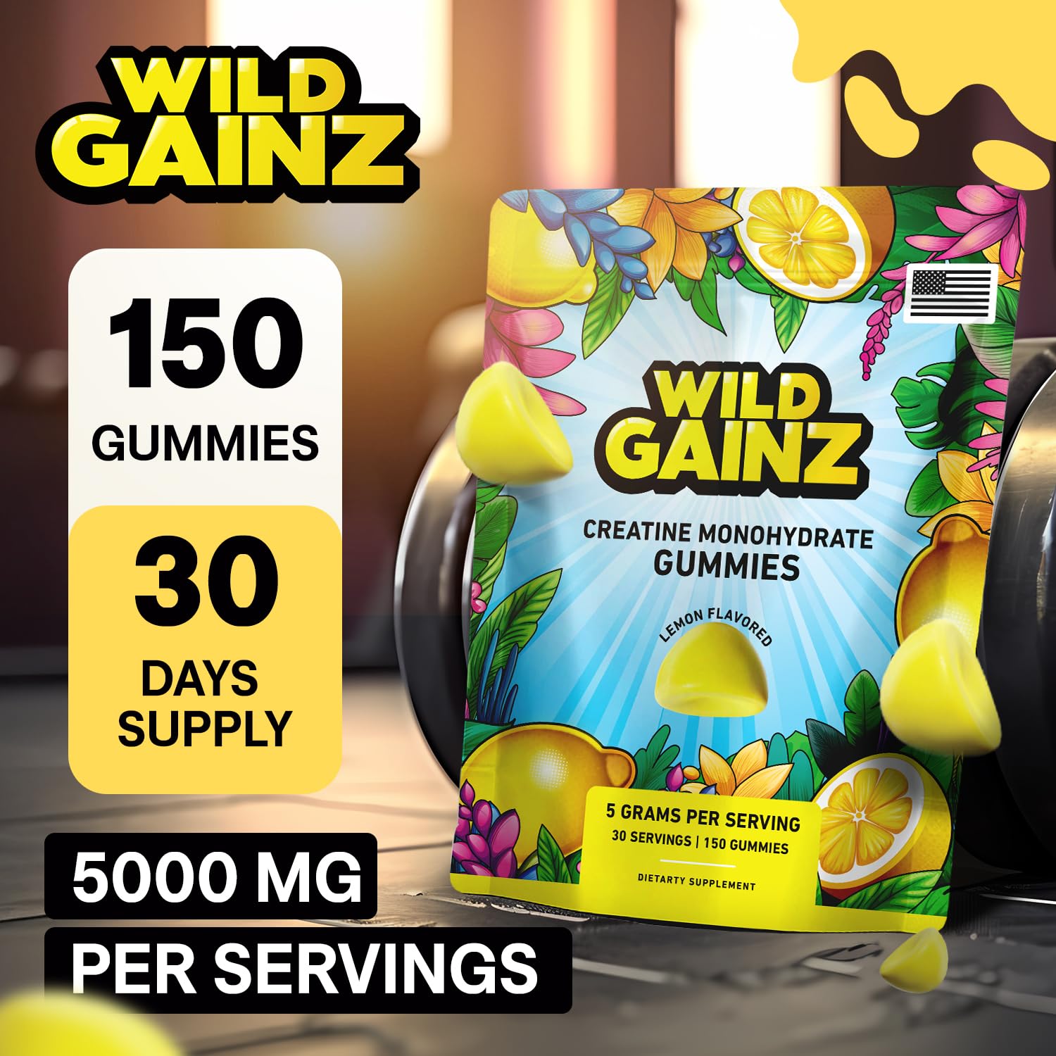 WILD GAINZ Creatine Gummies lemon flavour close-up