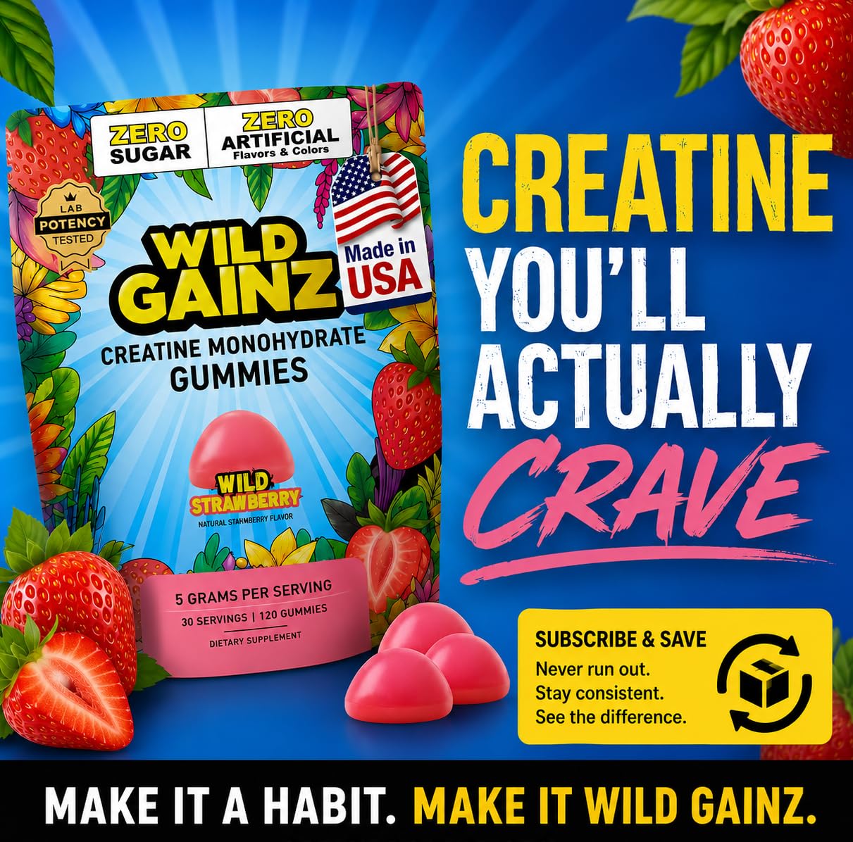 WILD GAINZ Creatine Gummies on a gym bench
