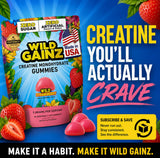 WILD GAINZ Creatine Gummies on a gym bench