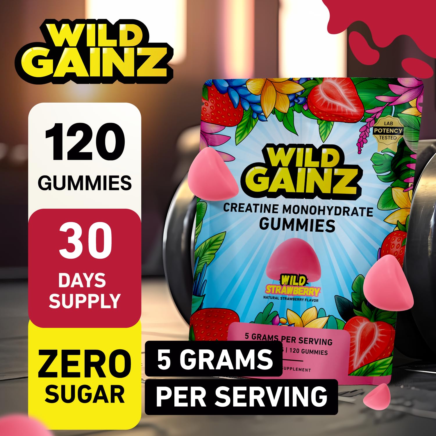 WILD GAINZ Creatine Gummies strawberry flavour close-up