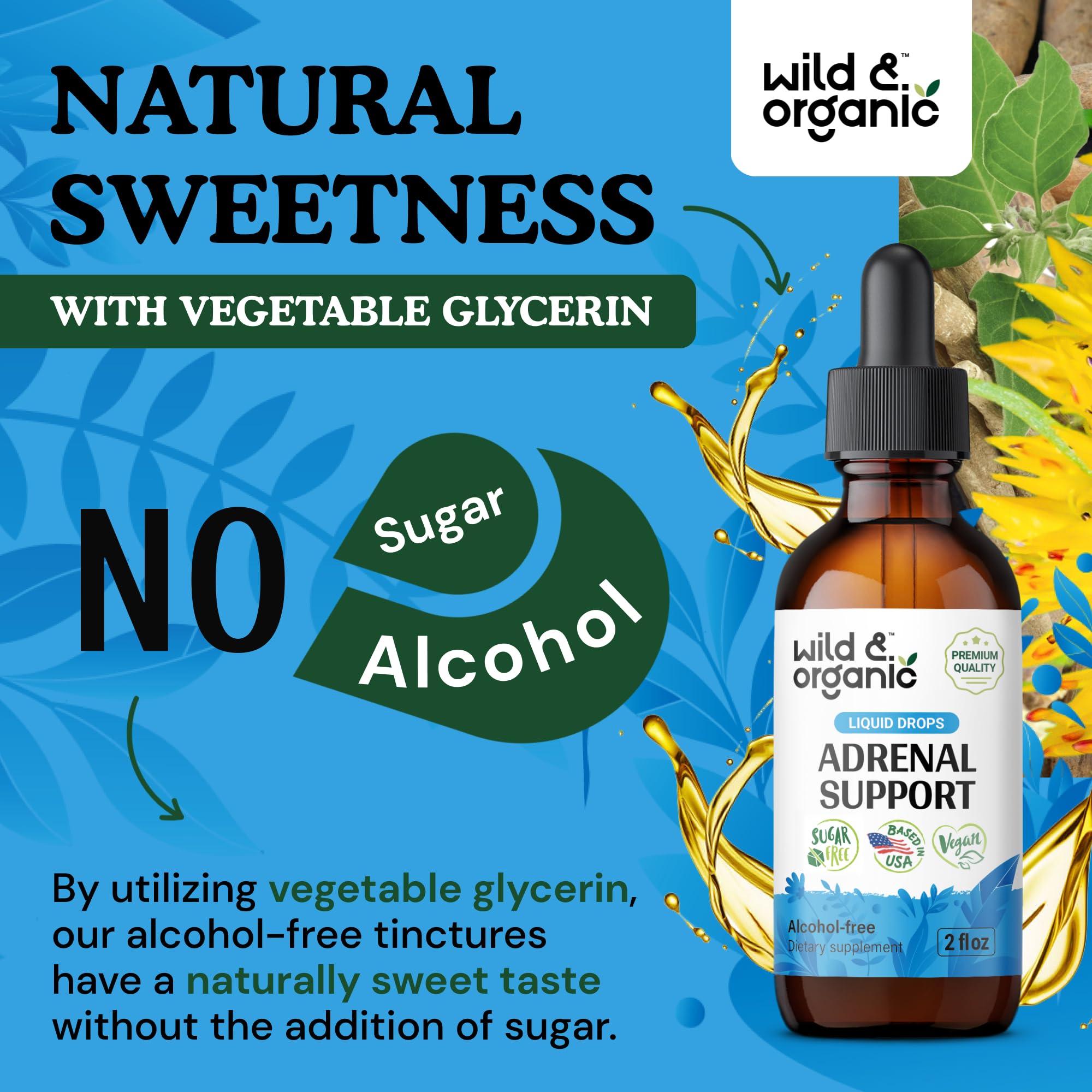 Wild & Organic adrenal support bottle on wooden table