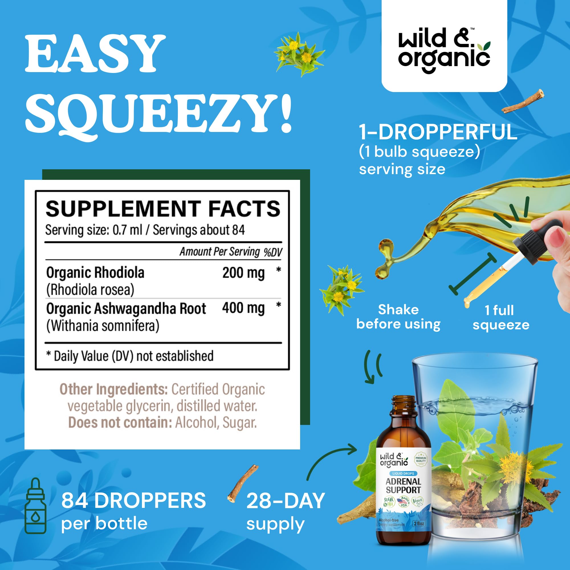 Wild & Organic adrenal support drops with measuring dropper
