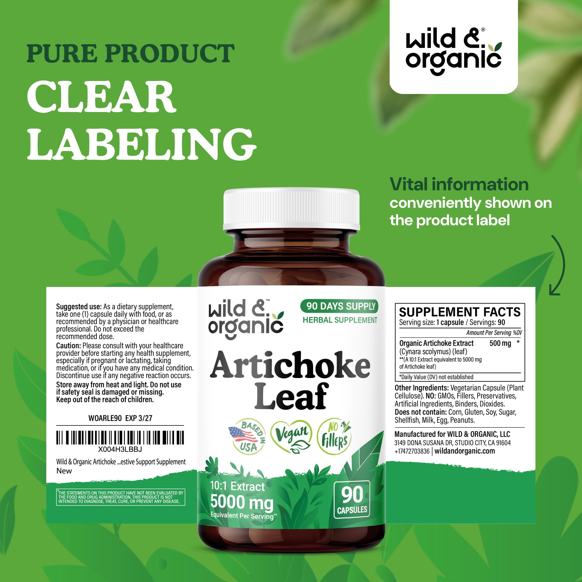 Wild & Organic Artichoke Extract Capsules 500mg close-up of capsules