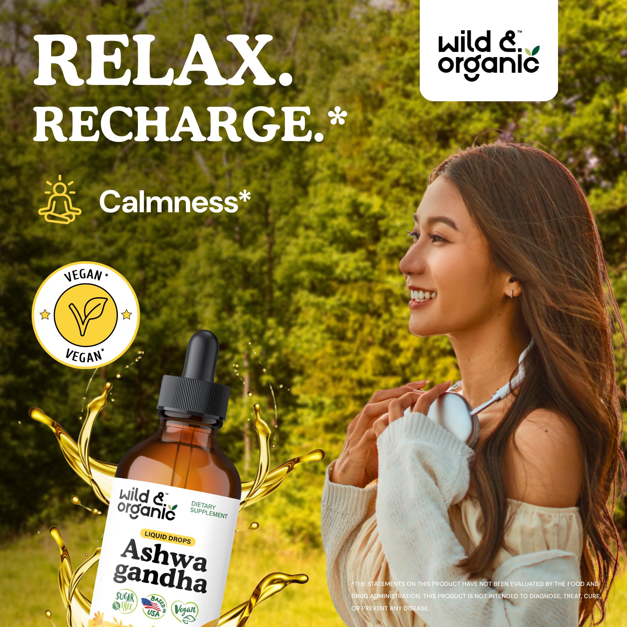 Wild & Organic Ashwagandha Liquid Drops 500mg label close-up