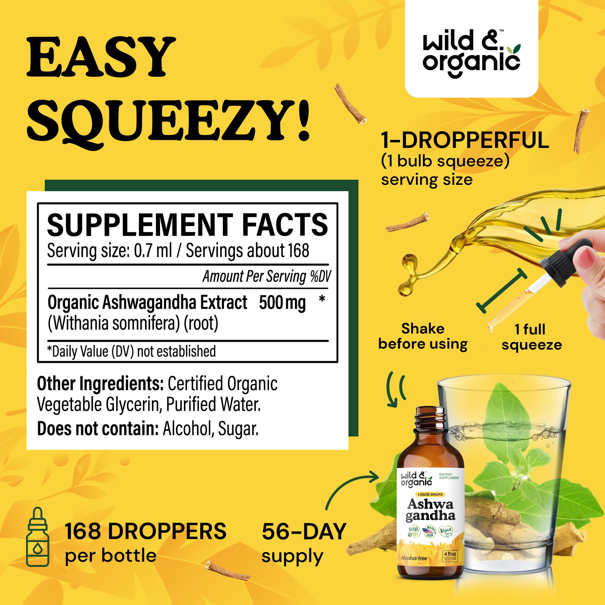 Wild & Organic Ashwagandha Liquid Drops bottle with dropper