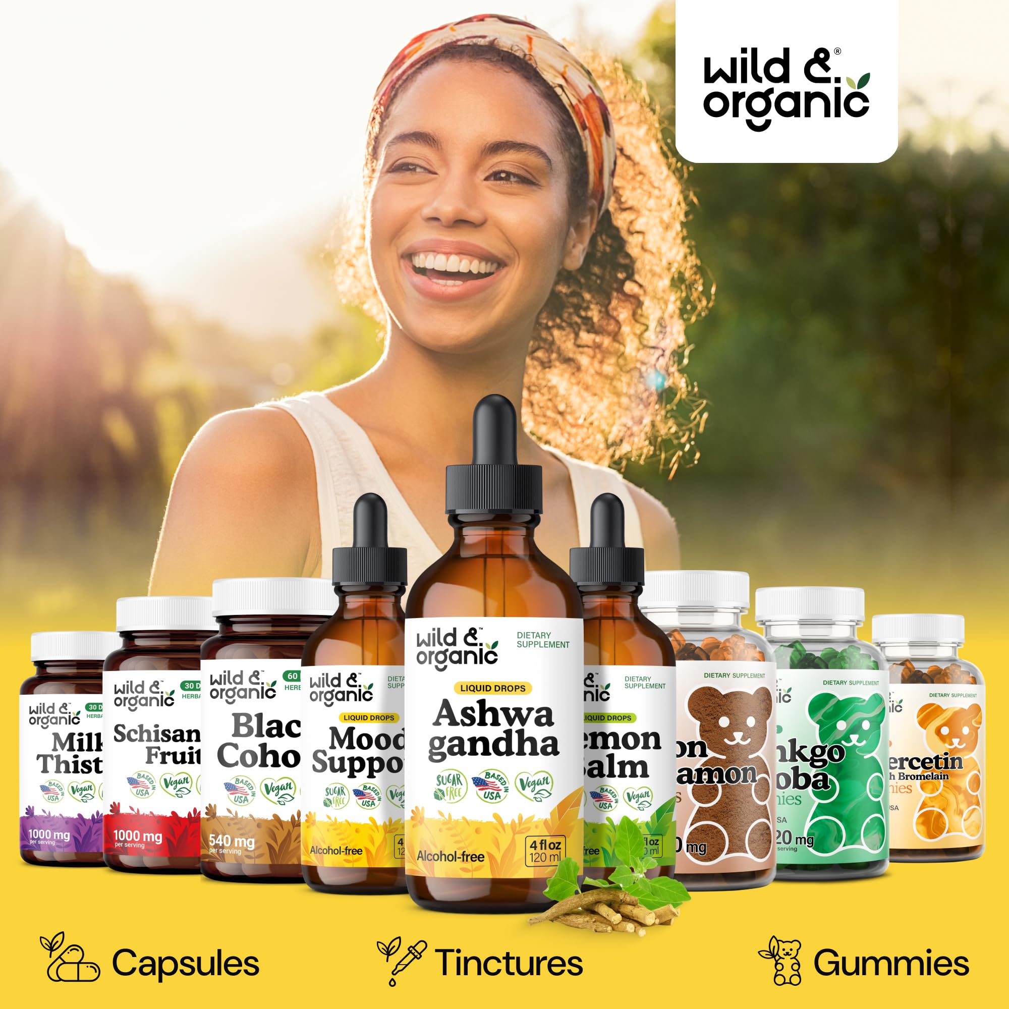 Wild & Organic Ashwagandha Liquid Drops on a wooden table