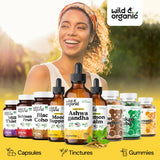 Wild & Organic Ashwagandha Liquid Drops on a wooden table
