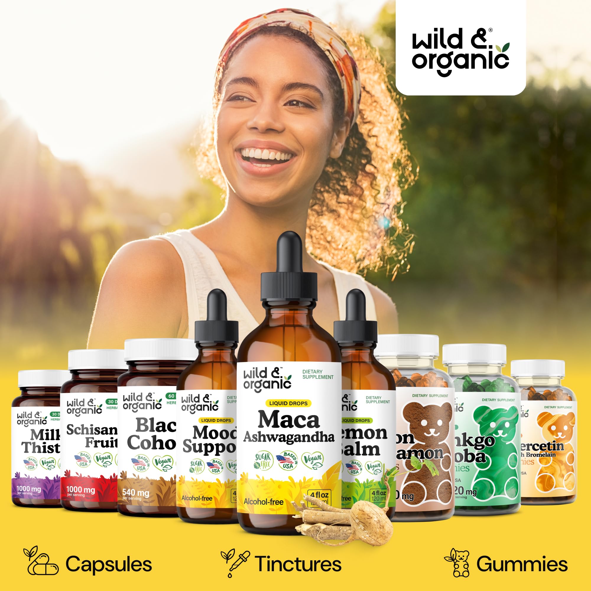 Wild & Organic Ashwagandha Maca Root Tincture in a lifestyle setting