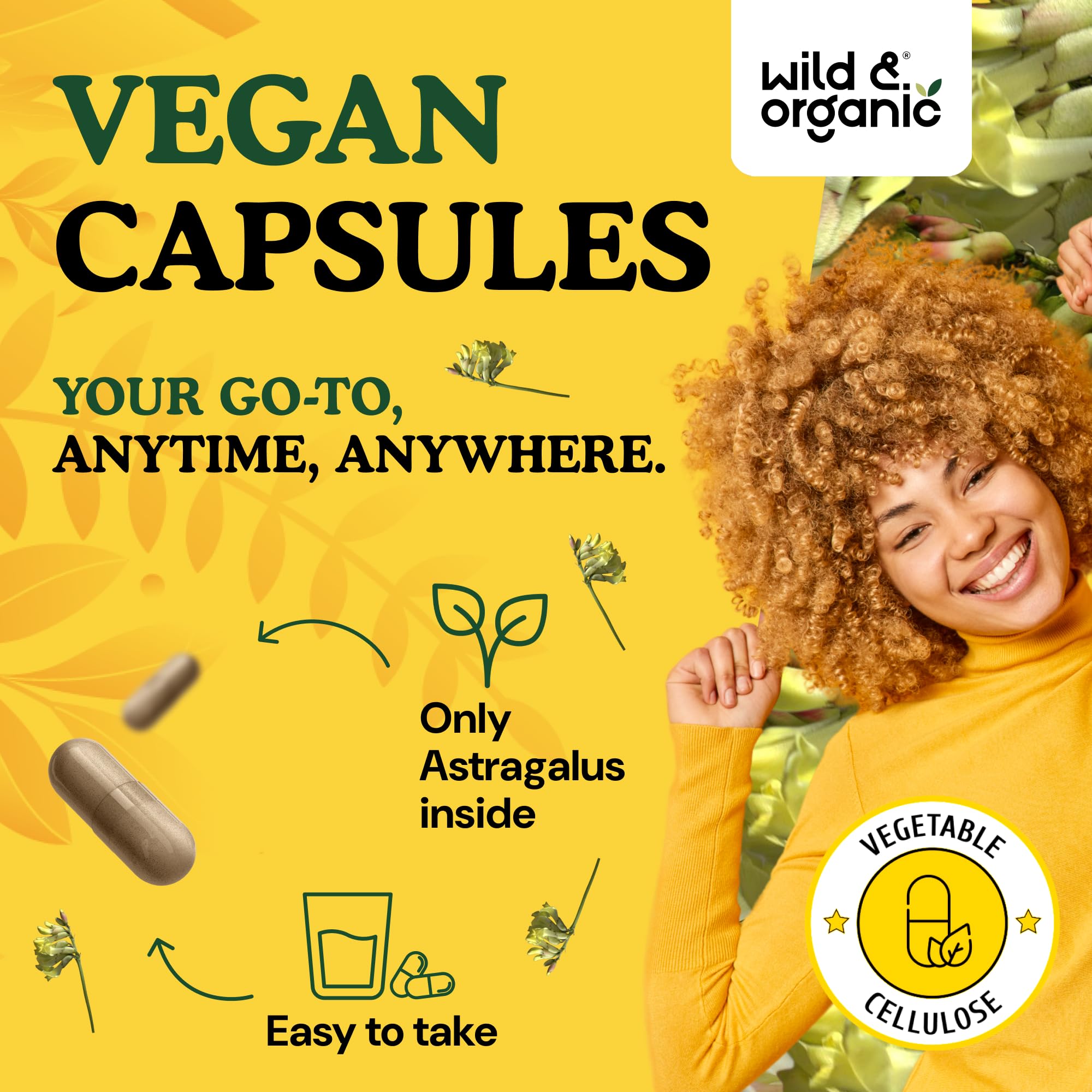 Wild & Organic Astragalus Capsules on a wooden table