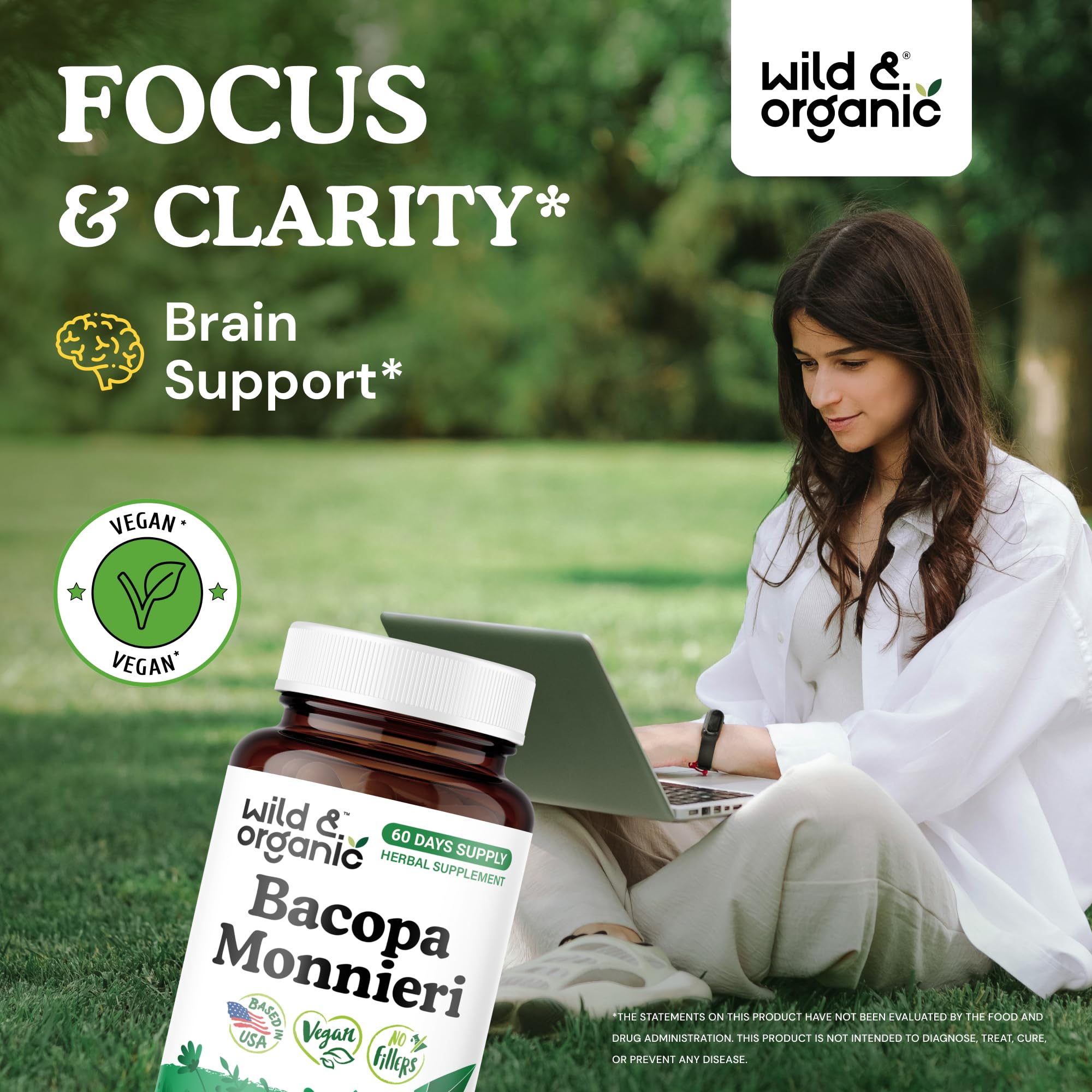 Wild & Organic Bacopa Monnieri Capsules 600mg bottle side view