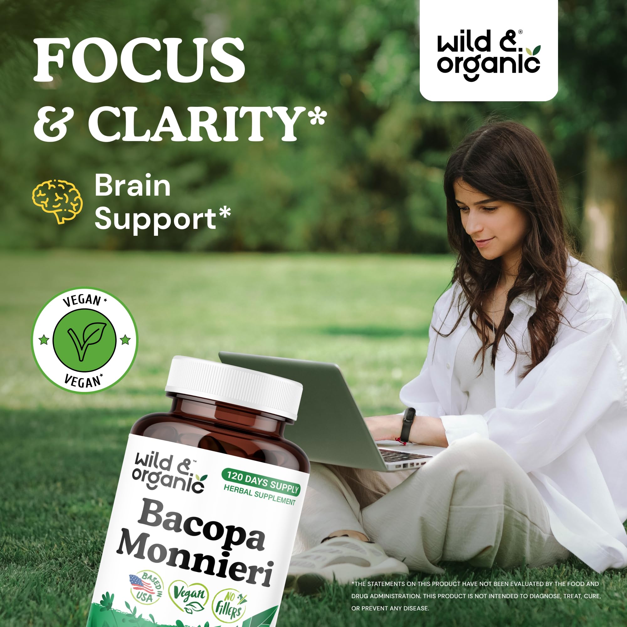 Wild & Organic Bacopa Monnieri Capsules 600mg bottle side view