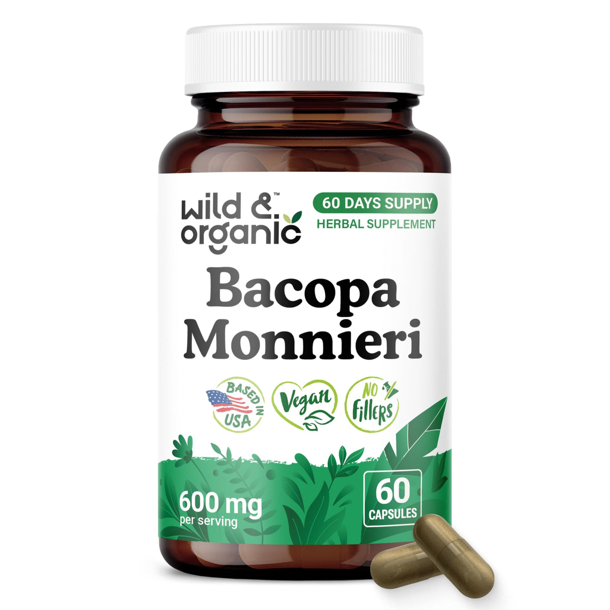 Wild & Organic Bacopa Monnieri Capsules 600mg front view