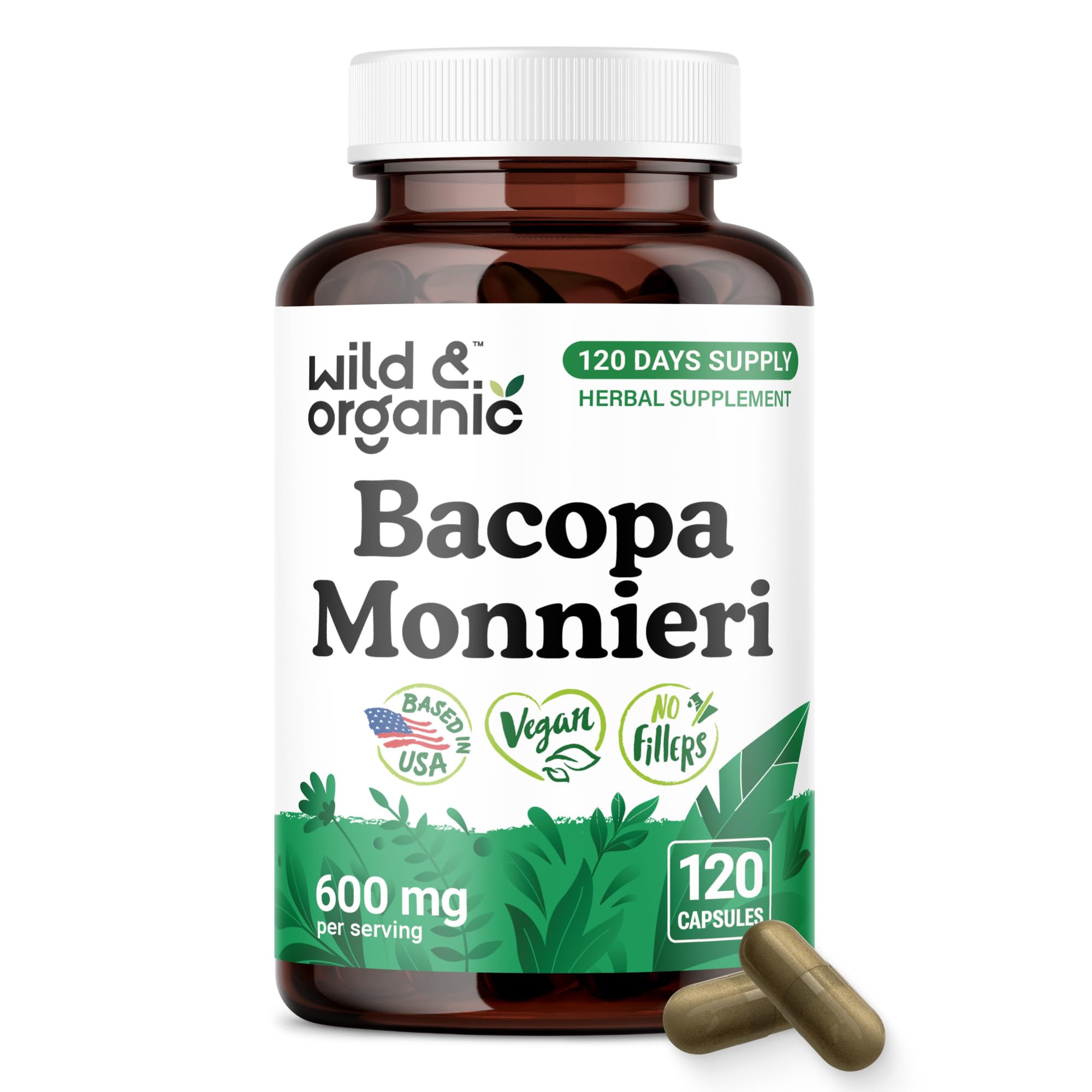 Wild & Organic Bacopa Monnieri Capsules 600mg front view
