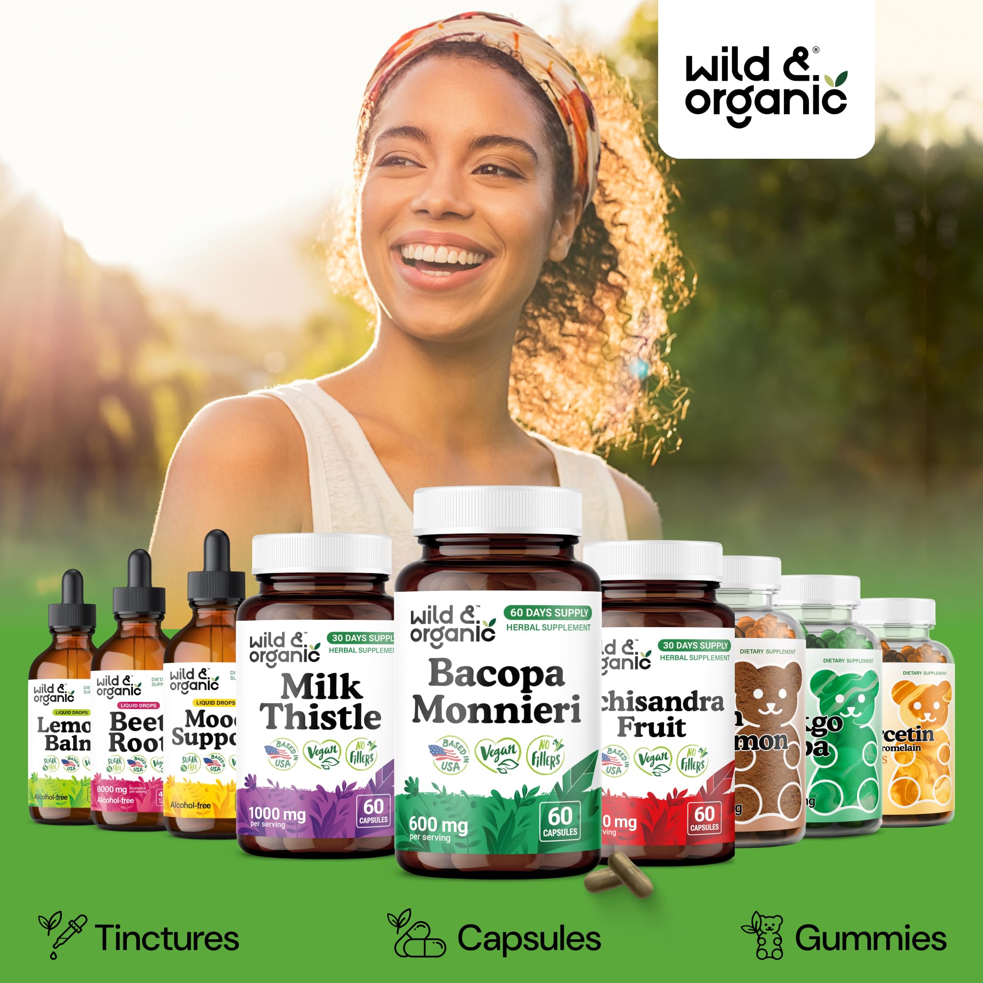 Wild & Organic Bacopa Monnieri Capsules 600mg on a wooden table