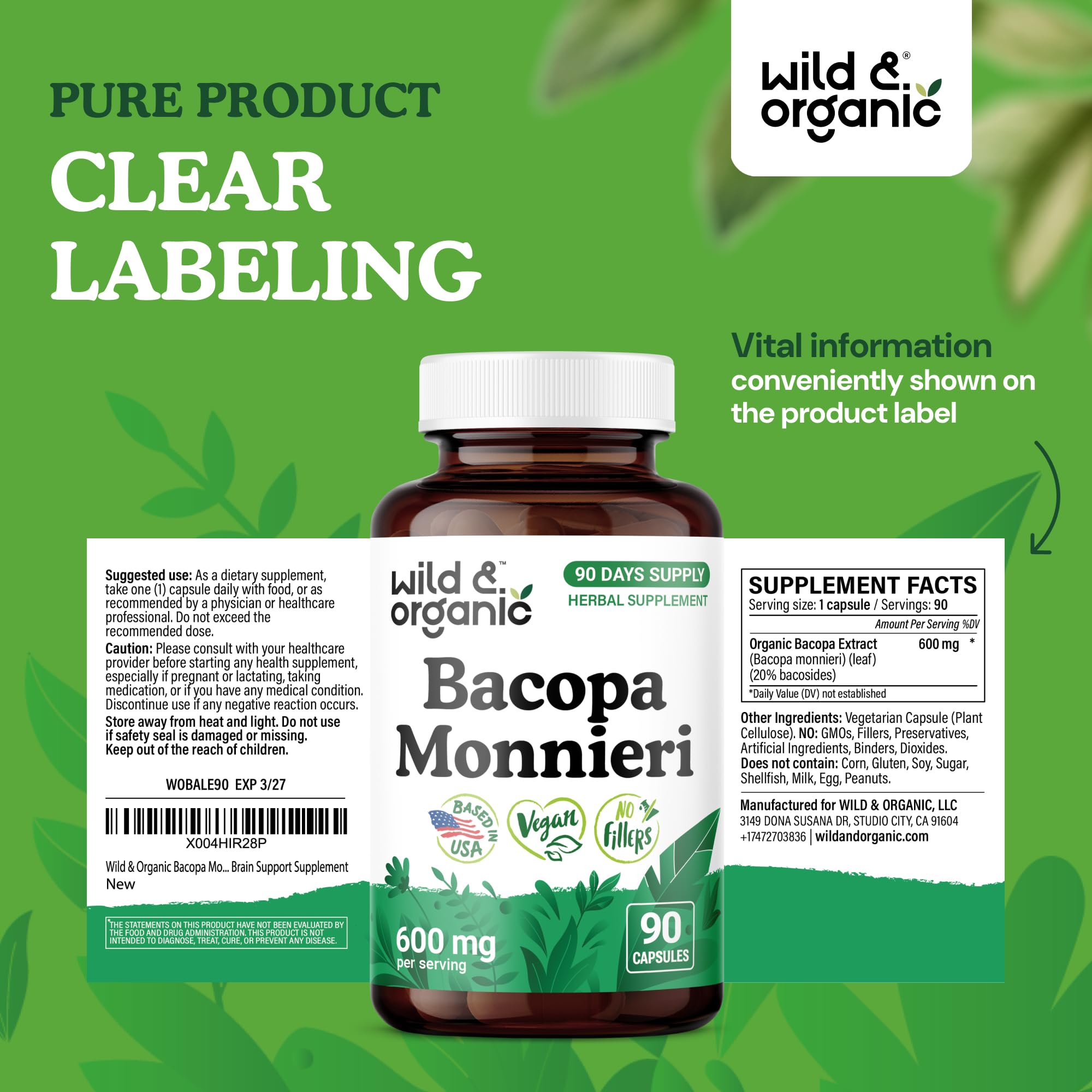 Wild & Organic Bacopa Monnieri capsules with fresh herbs