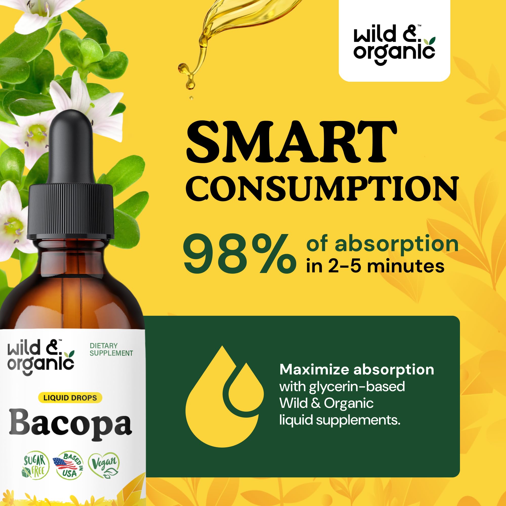 Wild & Organic Bacopa Monnieri Liquid Drops 450mg on a wooden table