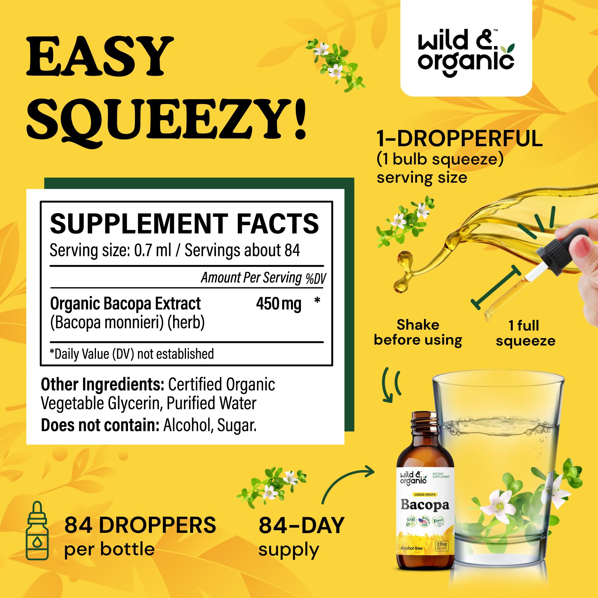 Wild & Organic Bacopa Monnieri Liquid Drops 450mg with dropper