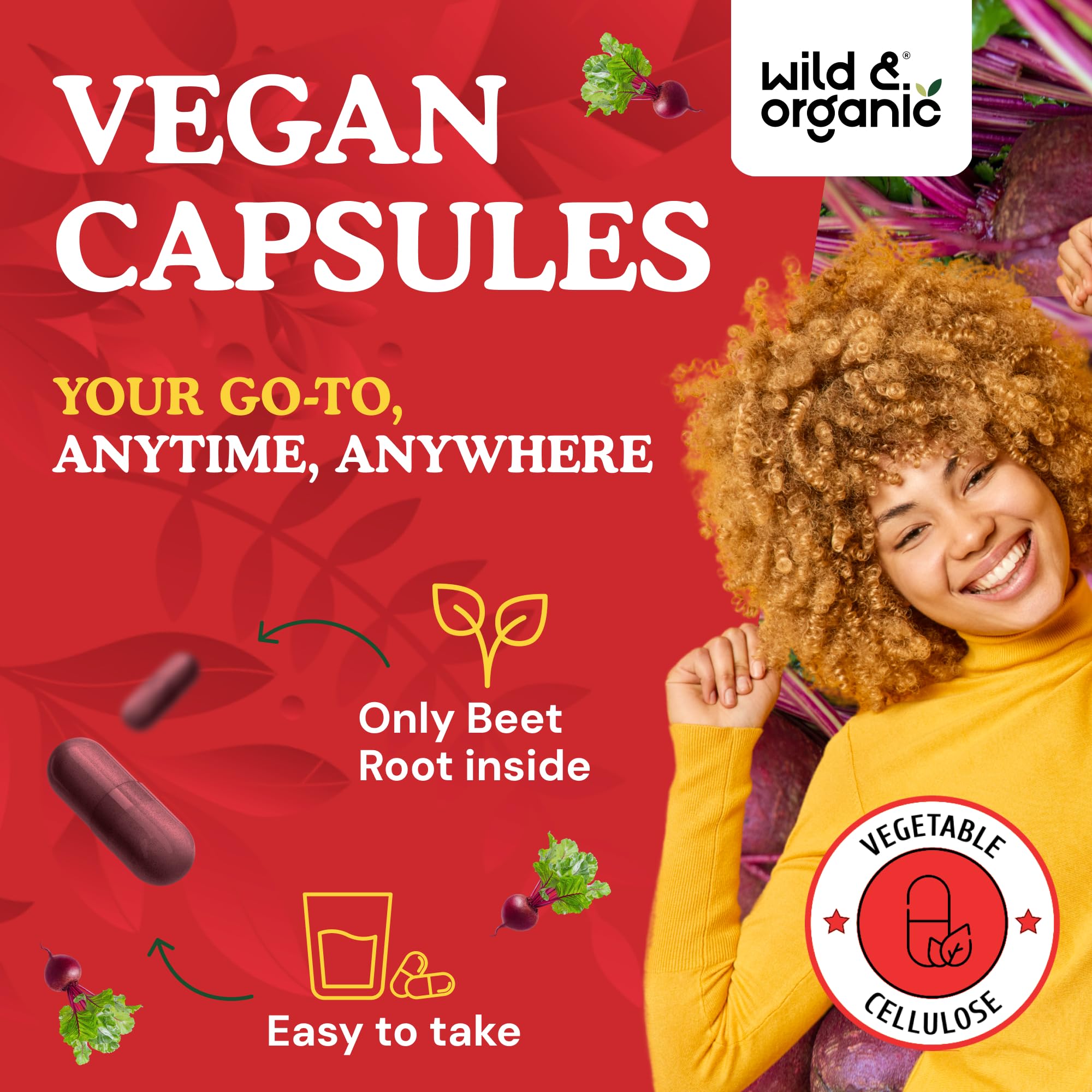 Wild & Organic Beetroot Capsules on a wooden table