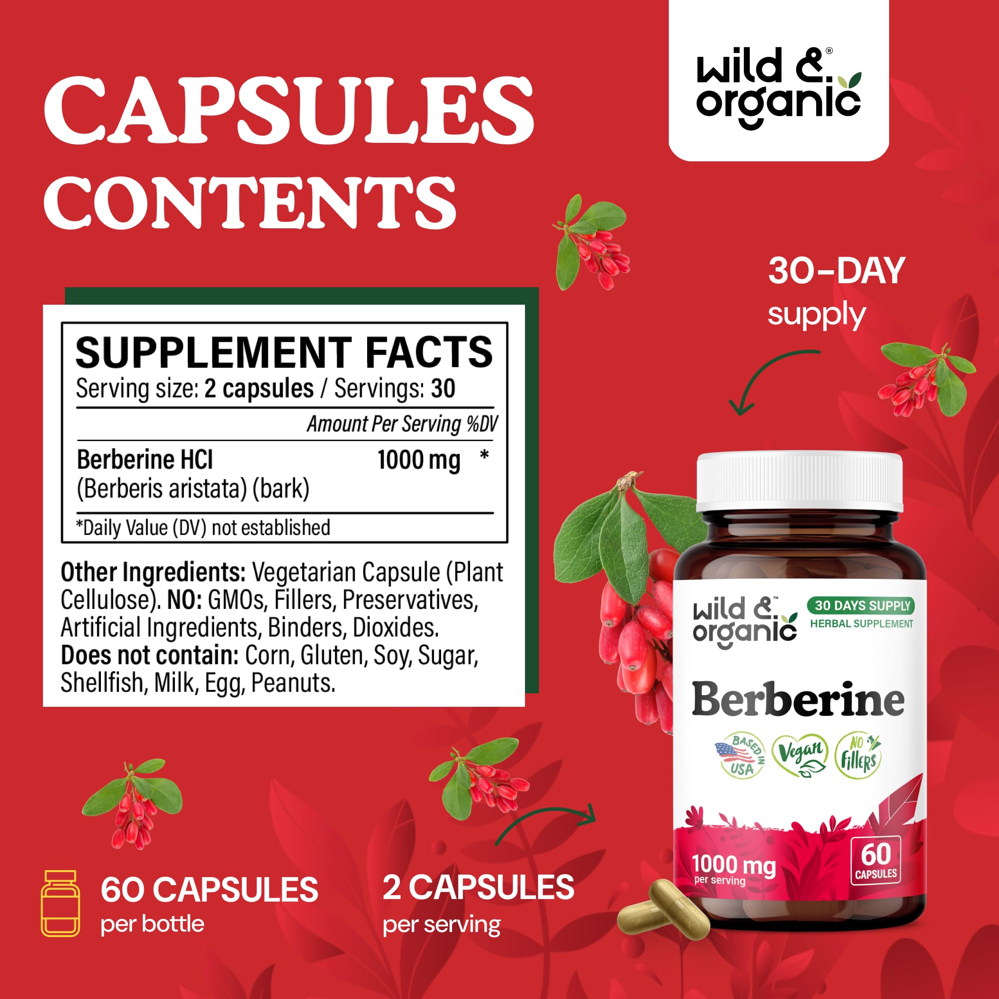Wild & Organic Berberine HCL Capsules 1000 mg bottle side view