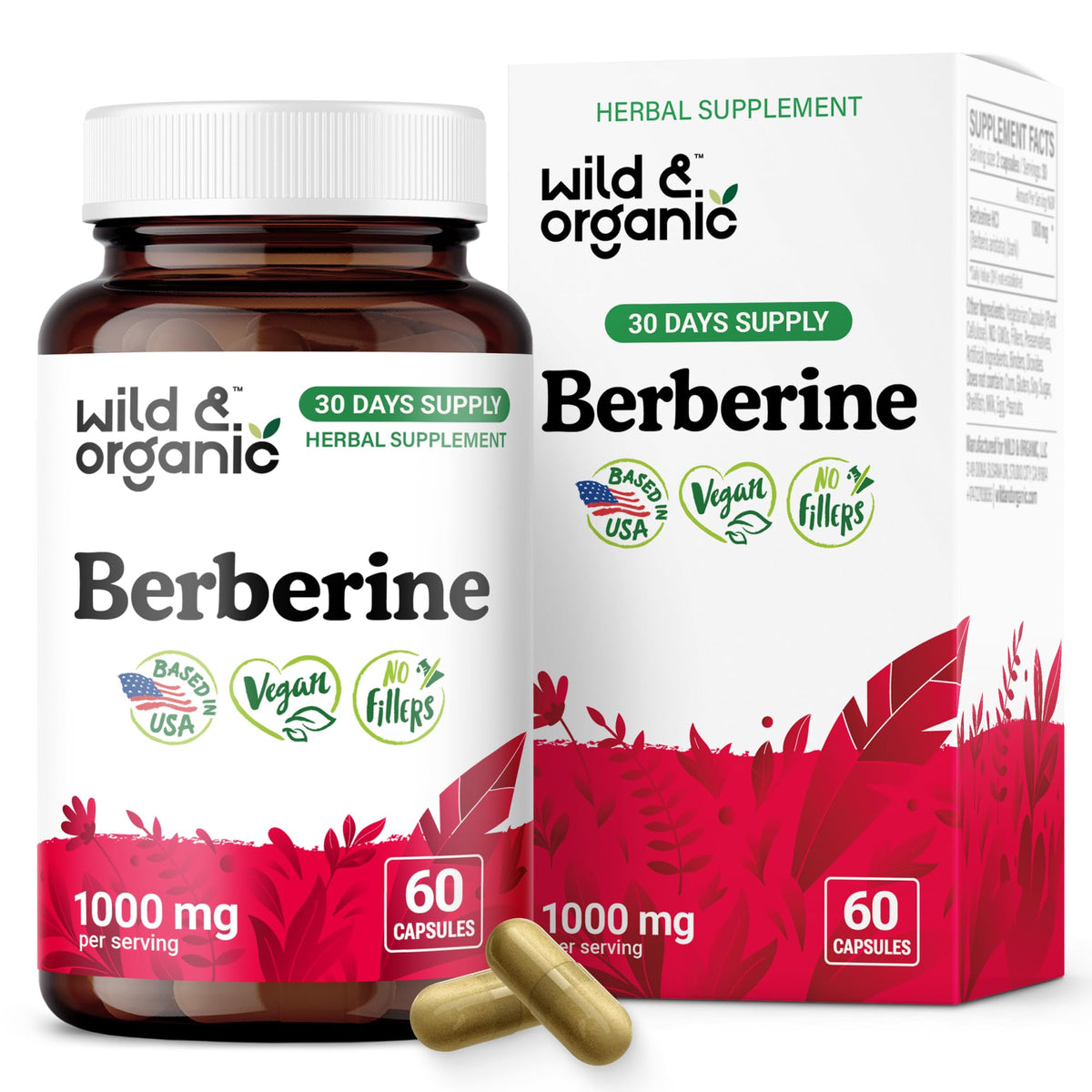 Wild & Organic Berberine HCL Capsules 1000 mg front view