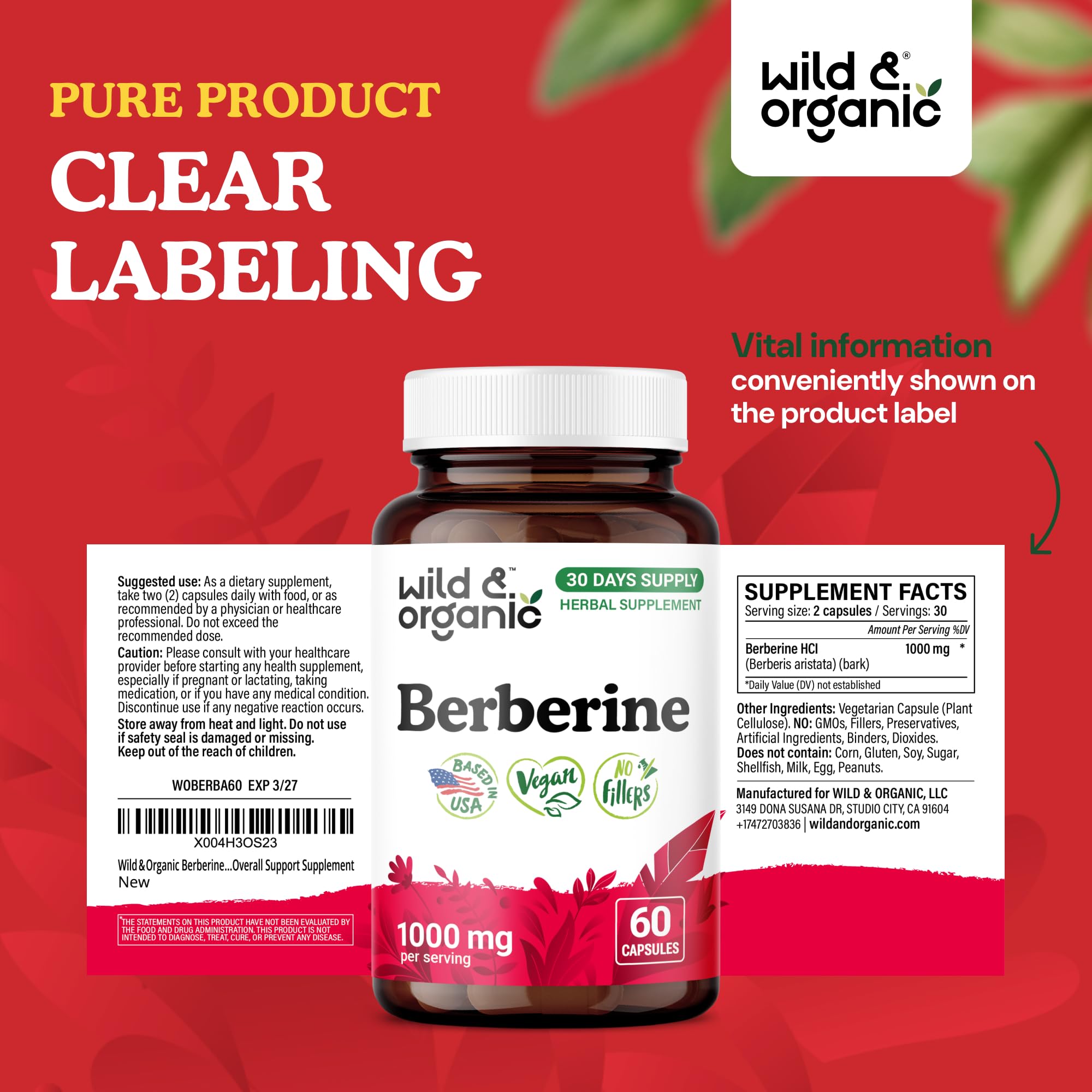 Wild & Organic Berberine HCL Capsules 1000 mg on a wooden table