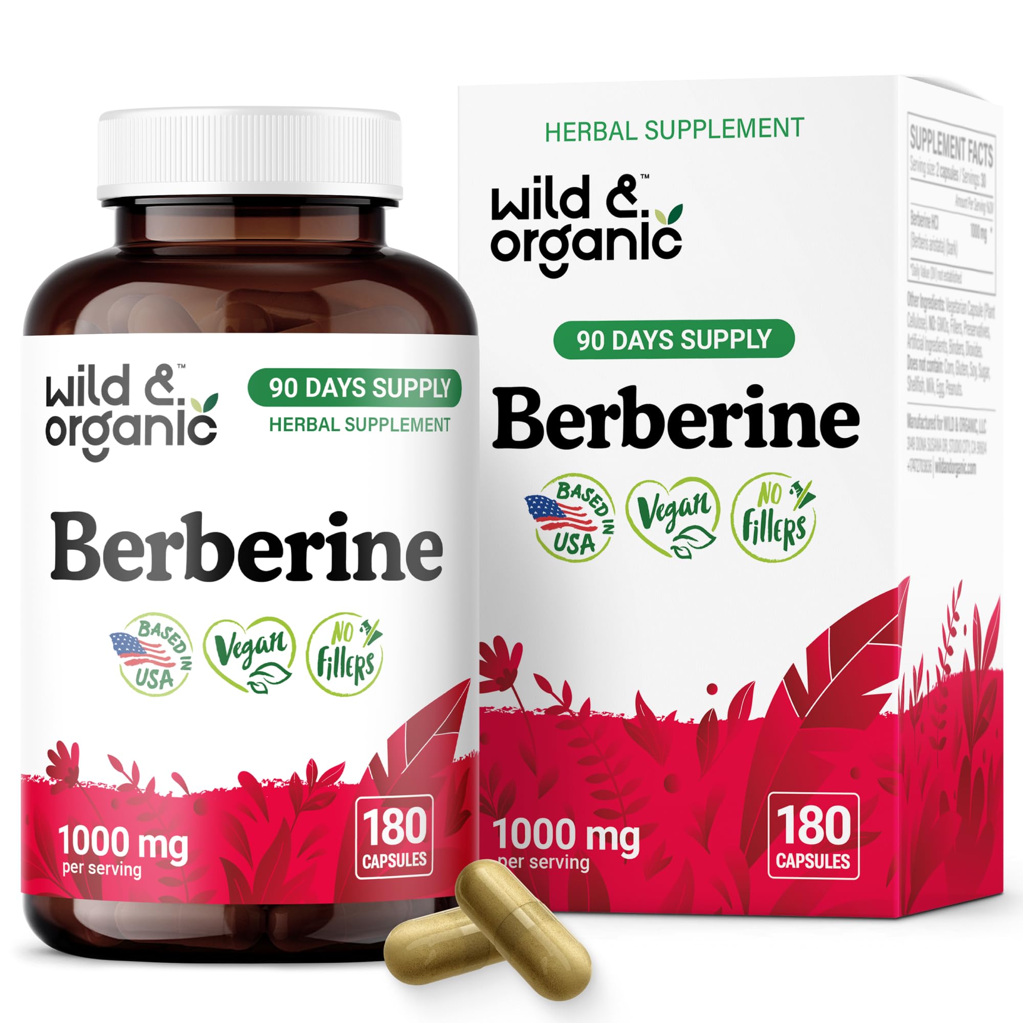 Wild & Organic Berberine HCL Capsules 1000mg front view
