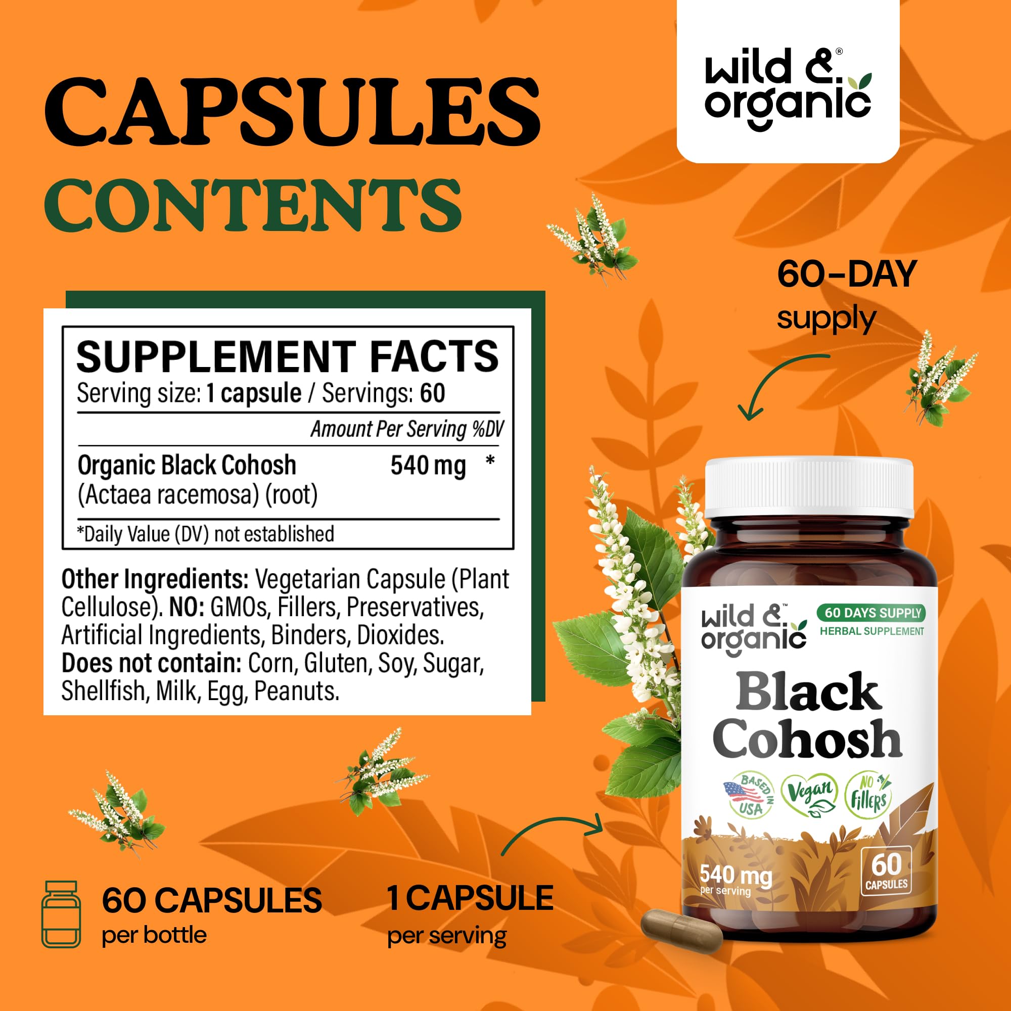 Wild & Organic Black Cohosh Capsules 540mg close-up of capsules