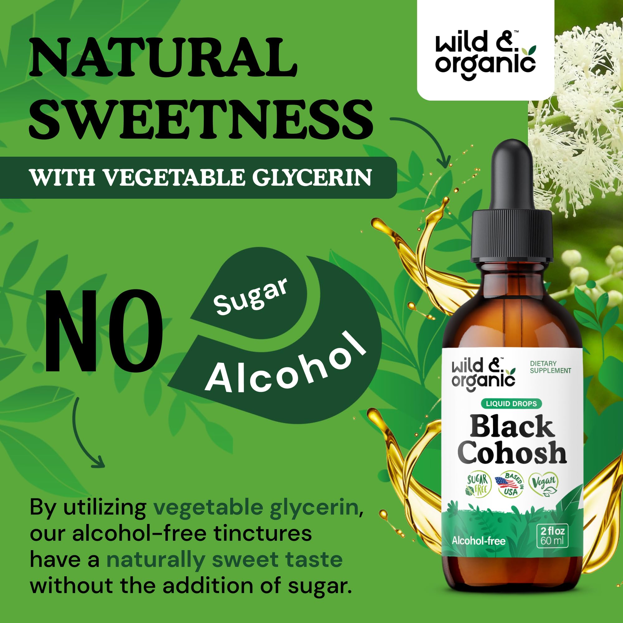 Wild & Organic Black Cohosh Tincture 540mg alongside herbal ingredients