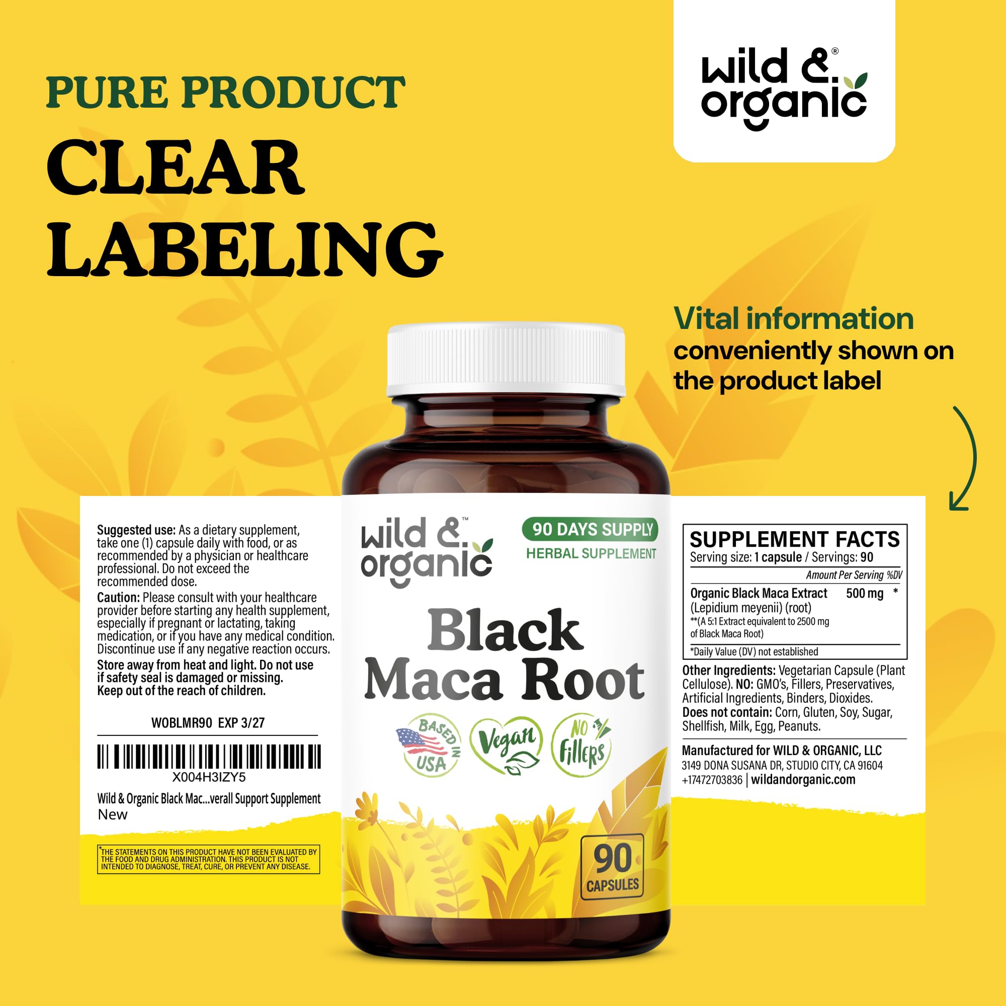 Wild & Organic Black Maca Capsules 500 mg back view with ingredients