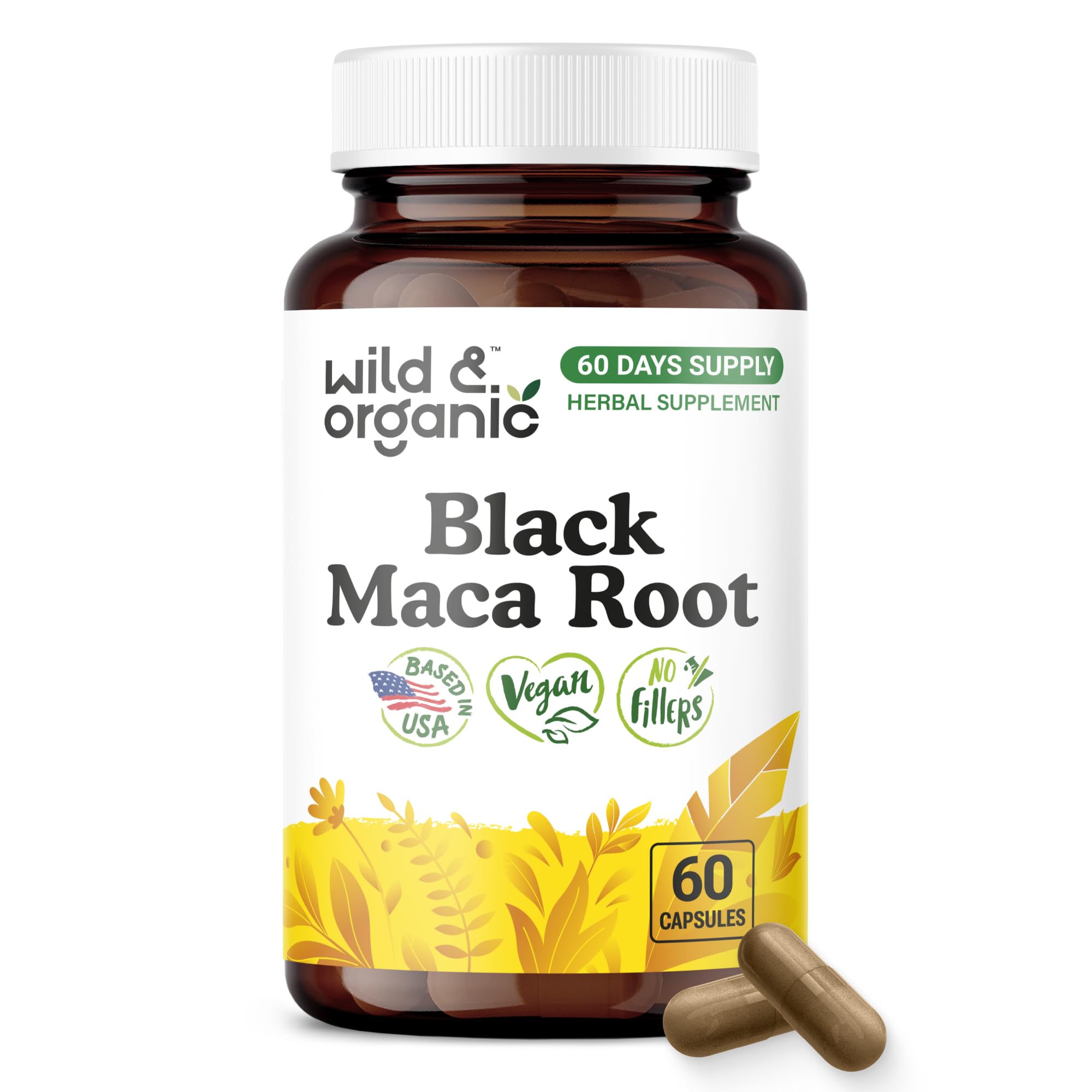 Wild & Organic Black Maca Capsules 500 mg front view with packaging