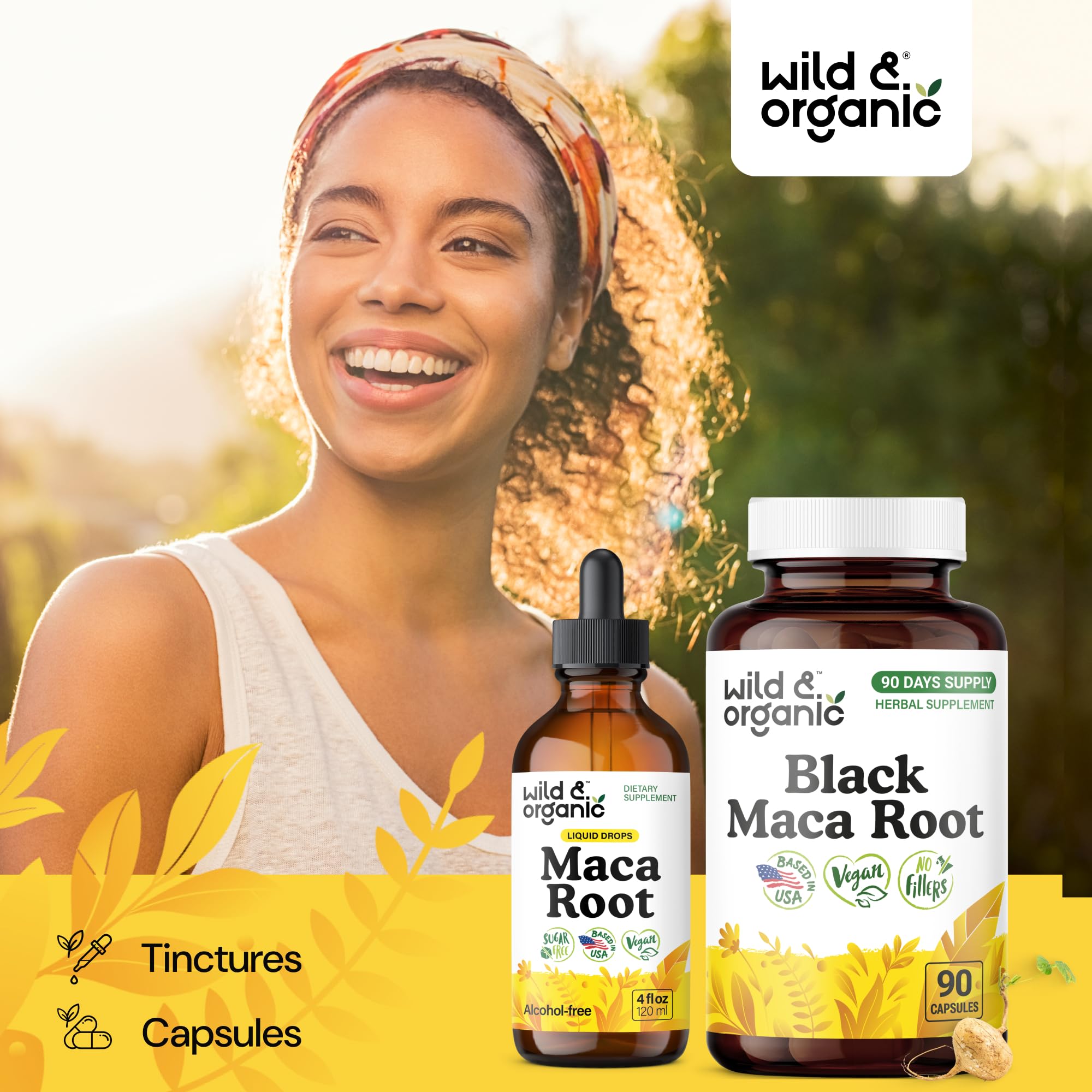 Wild & Organic Black Maca Capsules 500 mg in natural setting