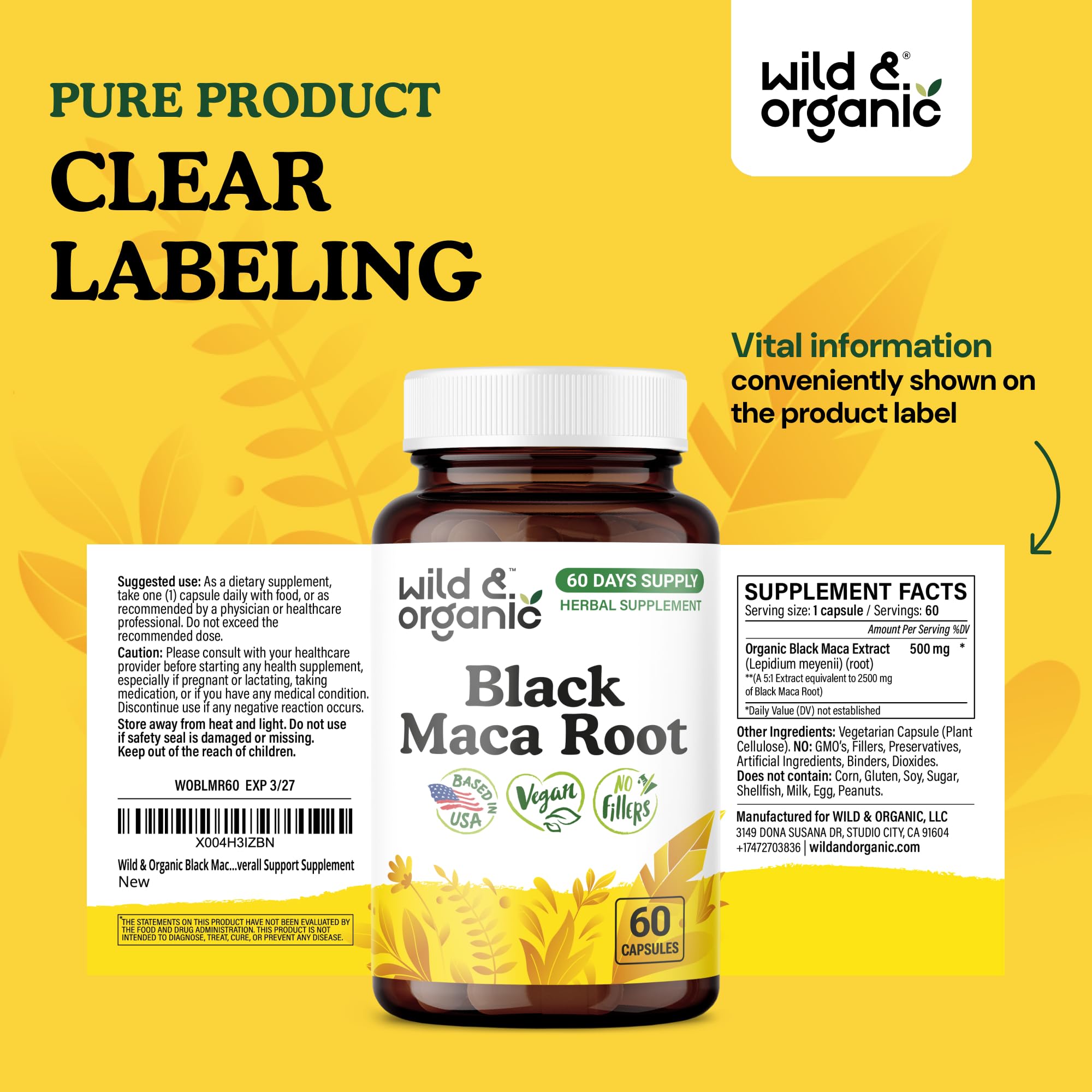 Wild & Organic Black Maca Capsules 500 mg packaging details