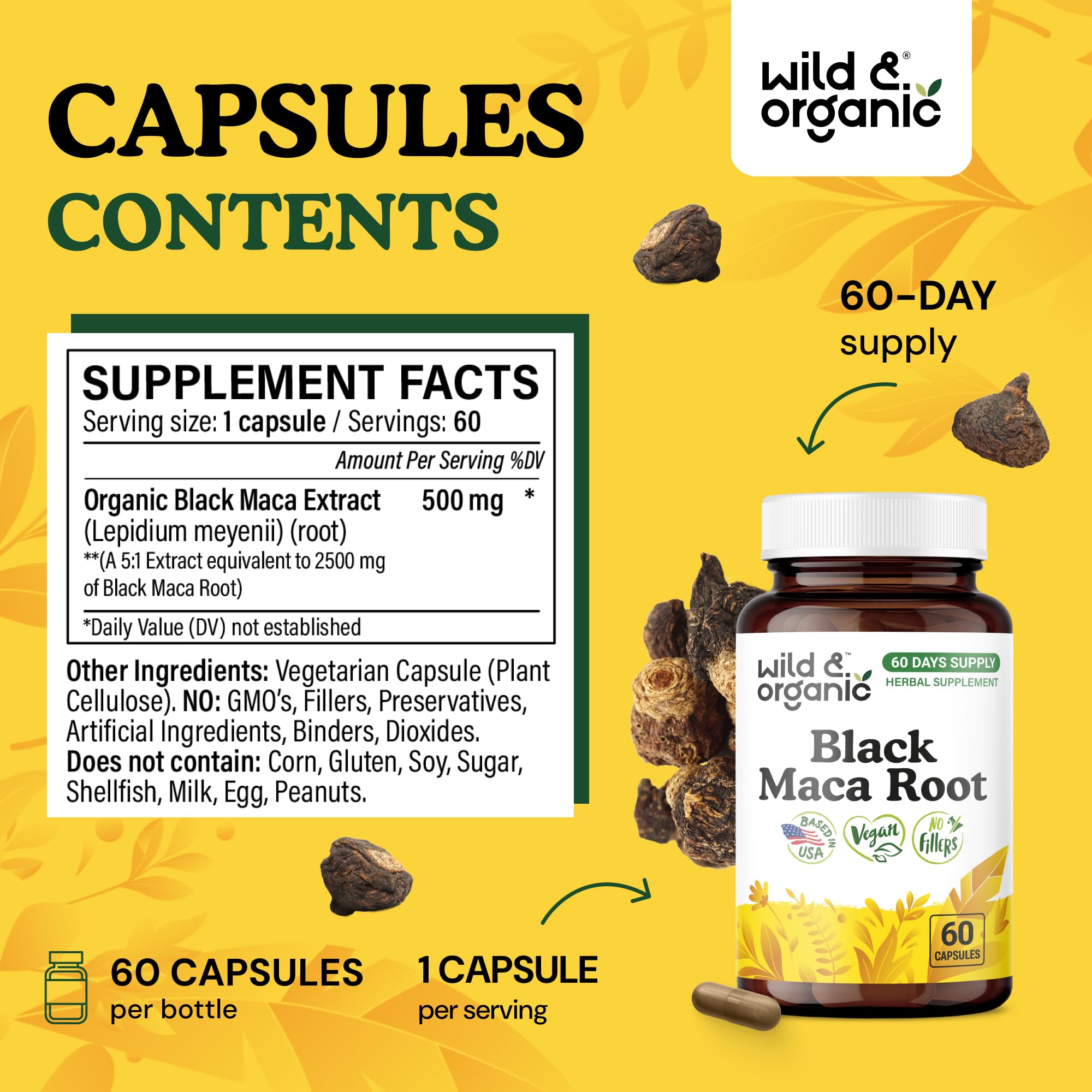 Wild & Organic Black Maca Capsules 500 mg side view highlighting capsule design