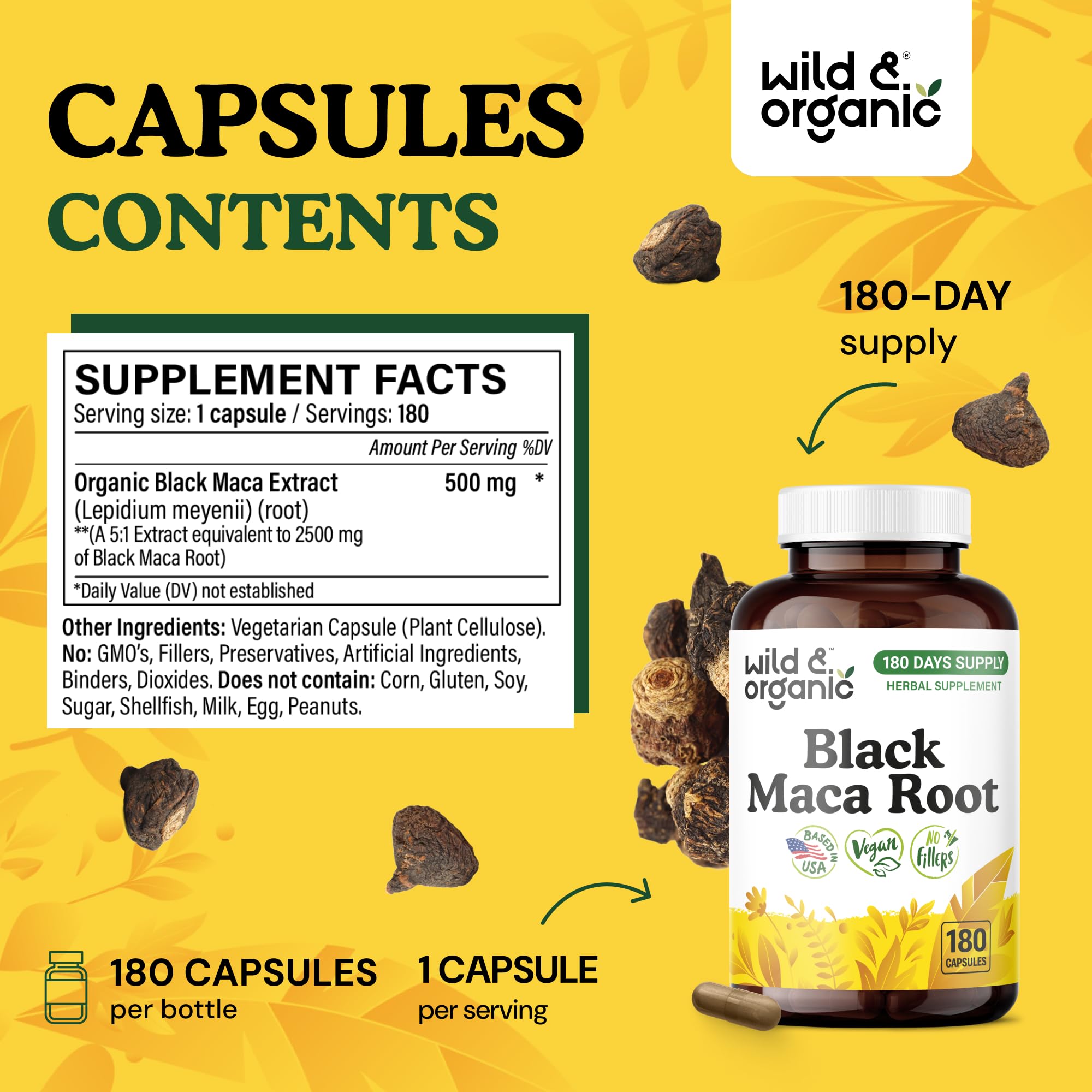 Wild & Organic Black Maca Capsules 500mg bottle with label