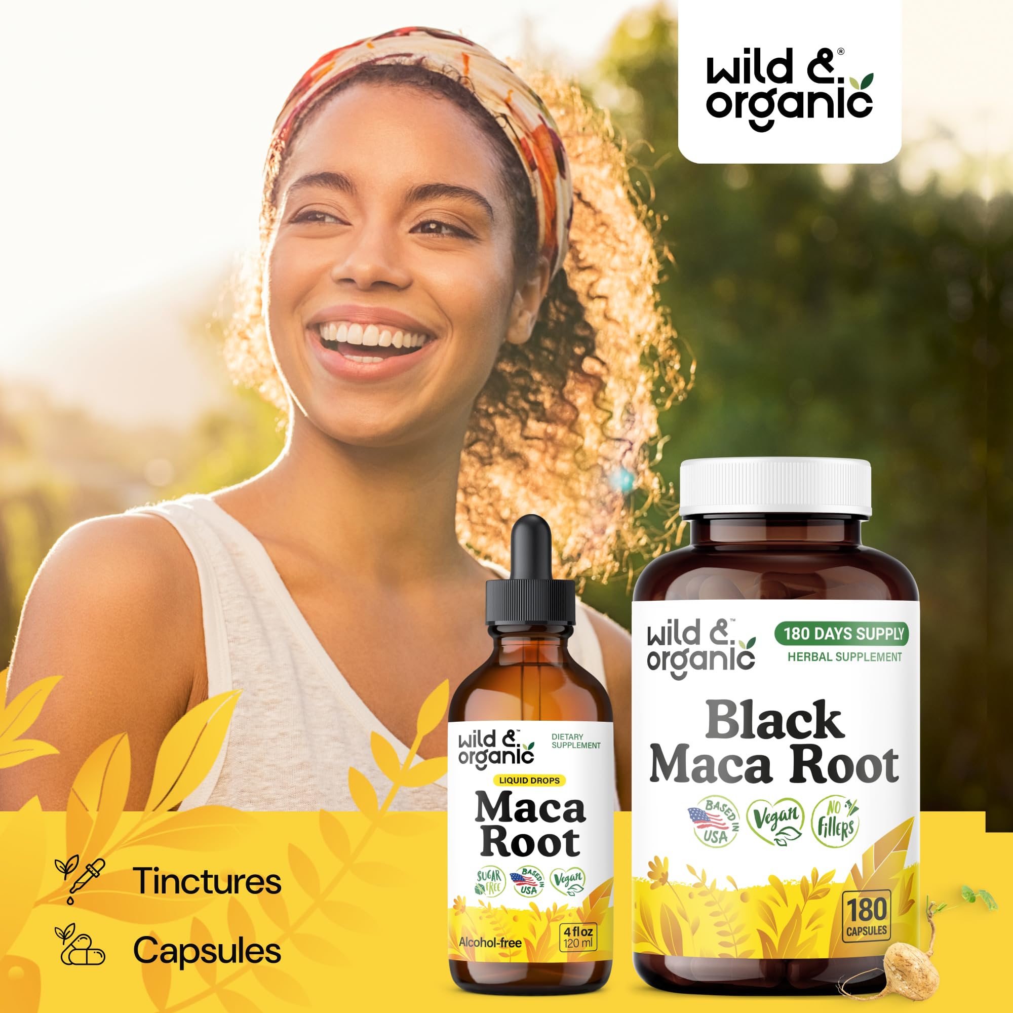 Wild & Organic Black Maca Capsules 500mg displayed with natural ingredients