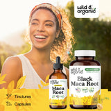 Wild & Organic Black Maca Capsules 500mg displayed with natural ingredients