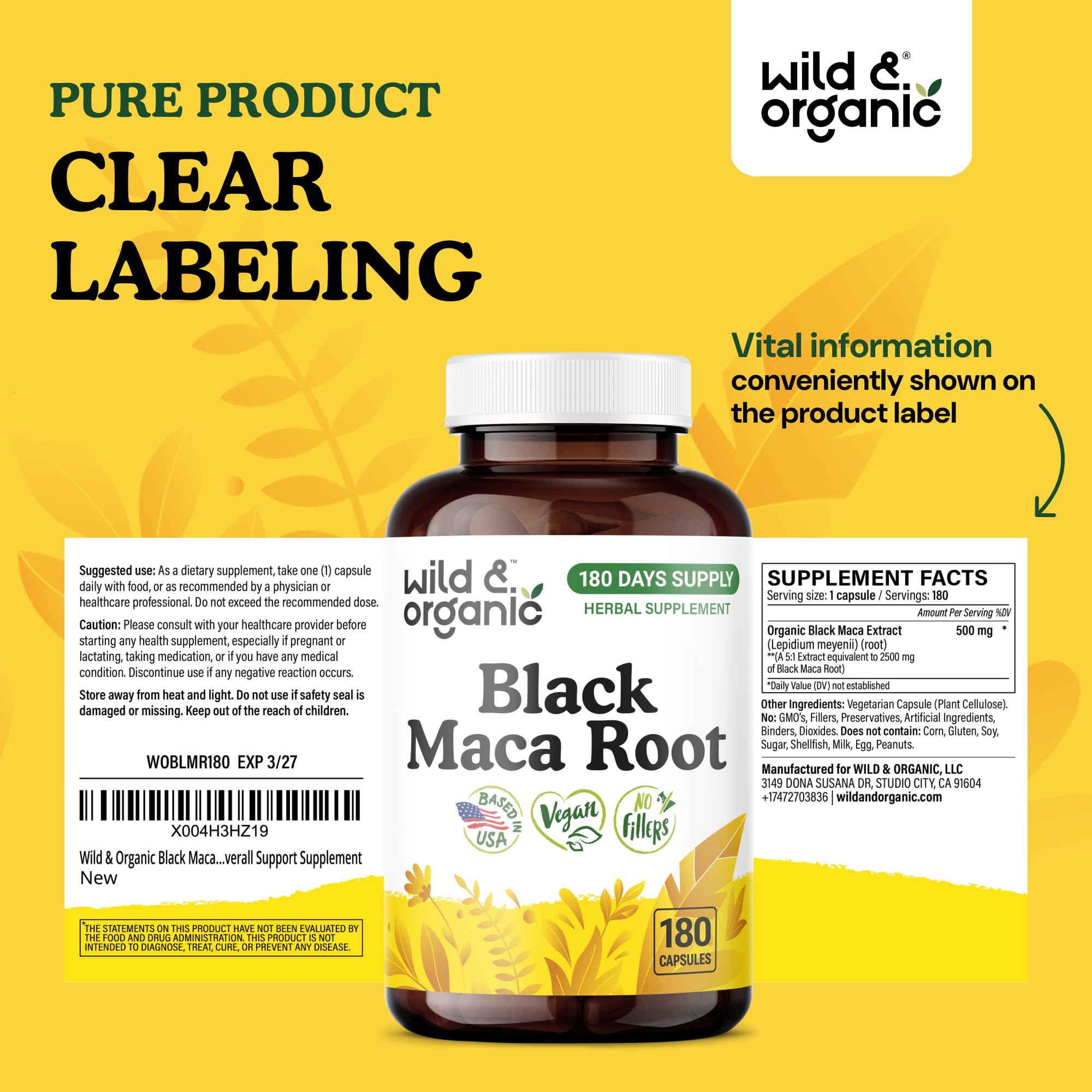 Wild & Organic Black Maca Capsules 500mg packaging details