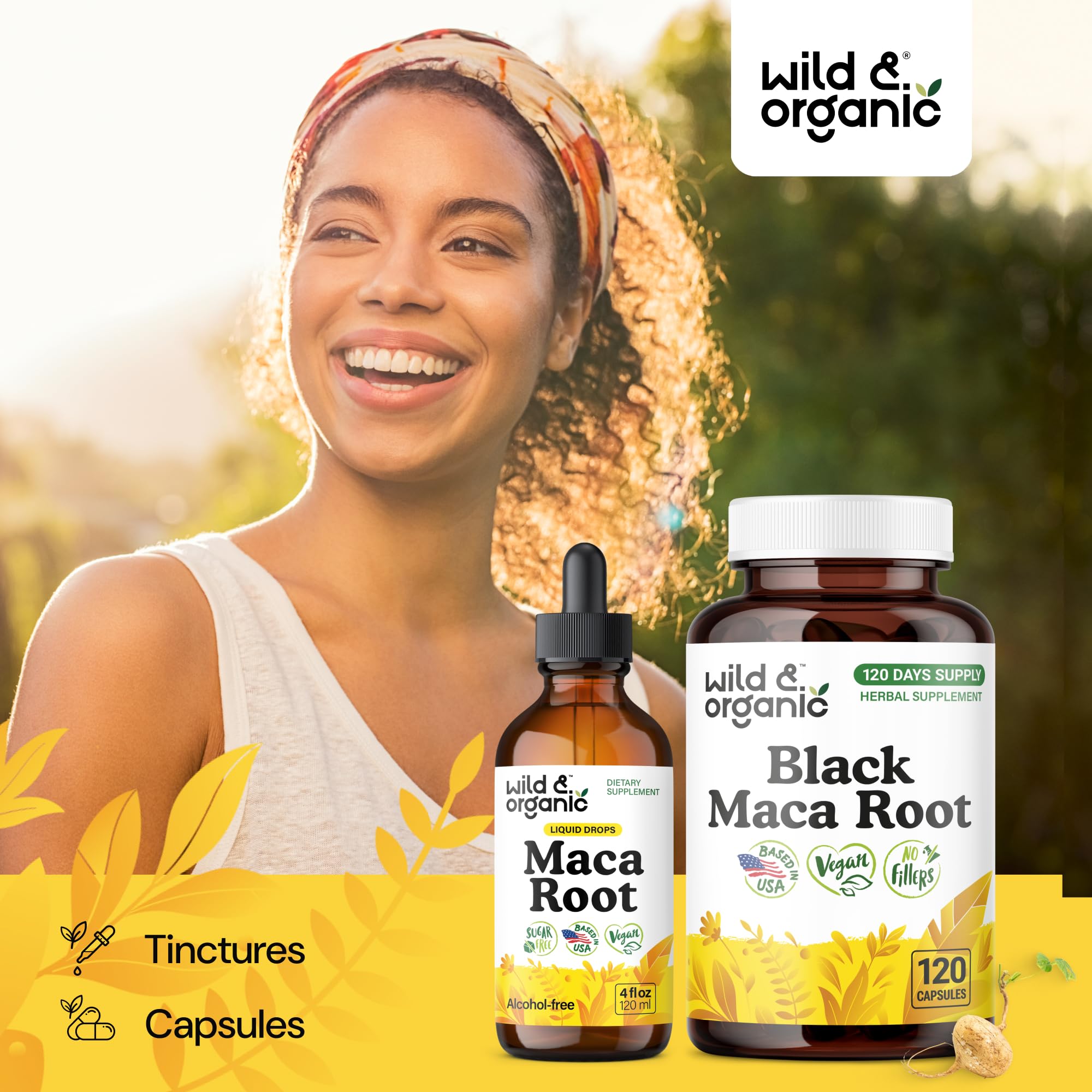 Wild & Organic Black Maca Root Capsules back view with nutritional information