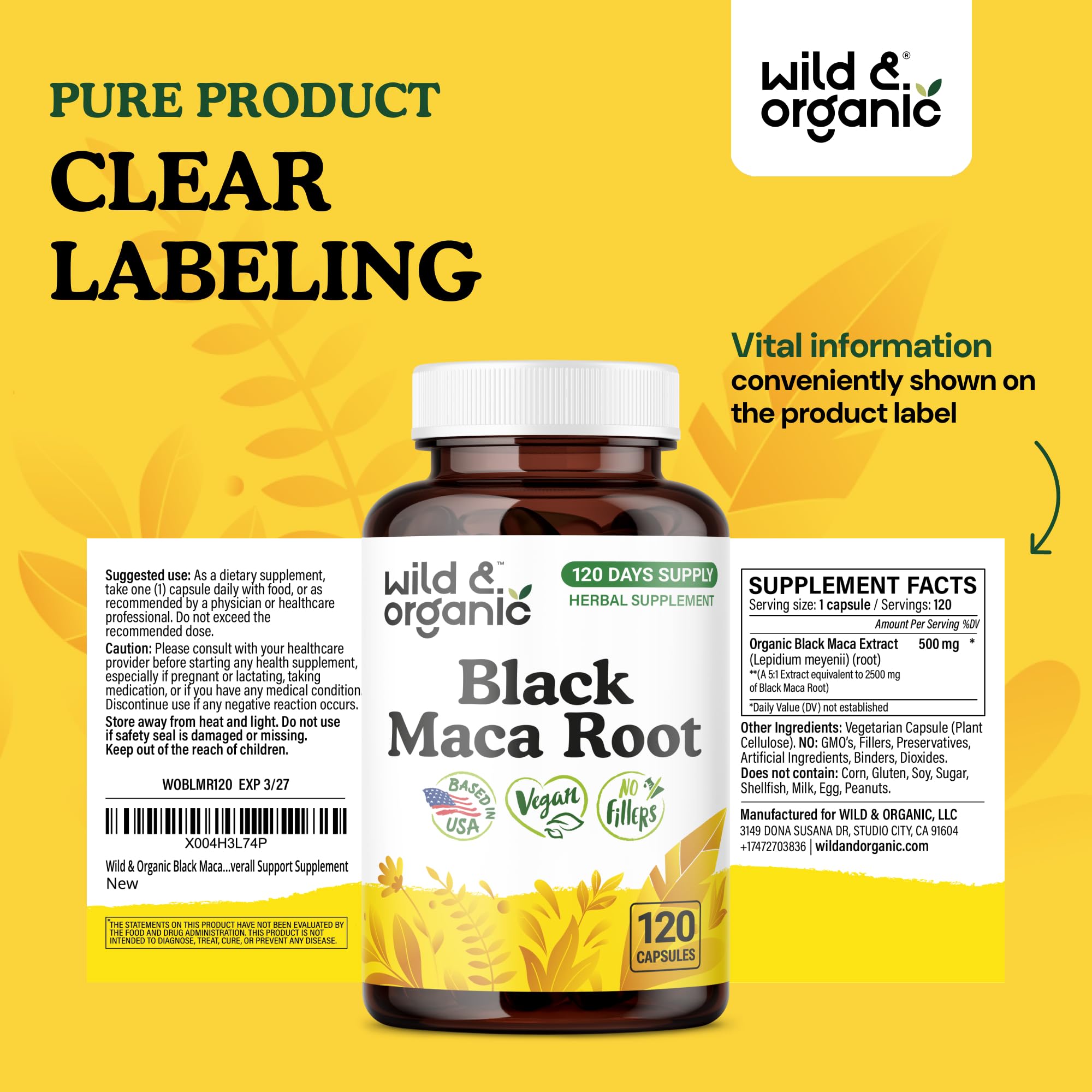 Wild & Organic Black Maca Root Capsules open bottle showing capsules