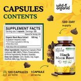 Wild & Organic Black Maca Root Capsules showing dosage information