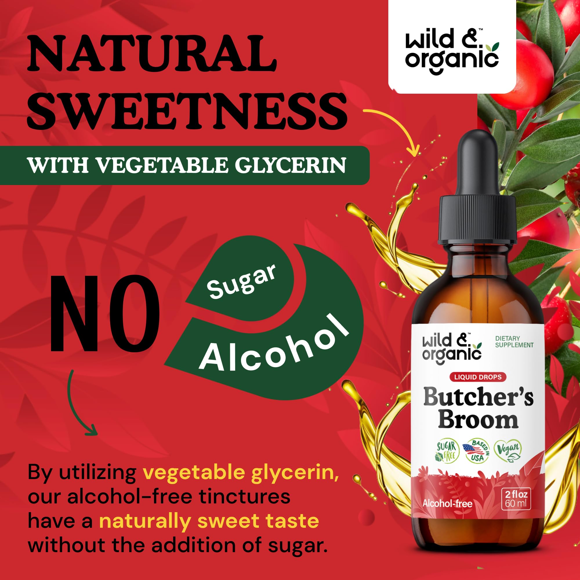 Wild & Organic Butcher's Broom Tincture 350mg with ingredients