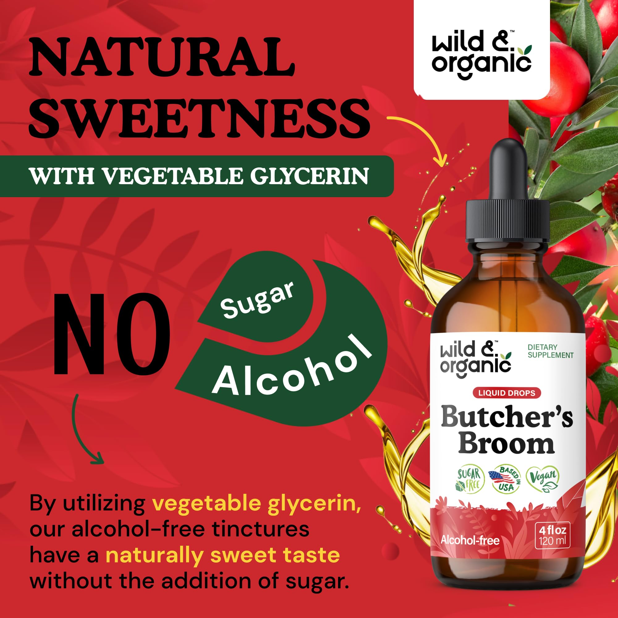 Wild & Organic Butcher's Broom Tincture with measuring spoon