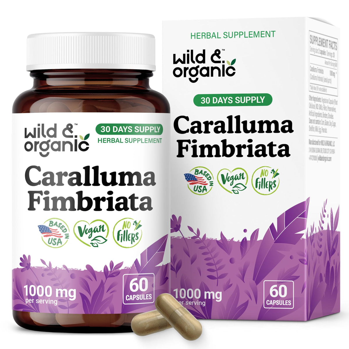 Wild & Organic Caralluma Fimbriata Capsules 1000mg front view