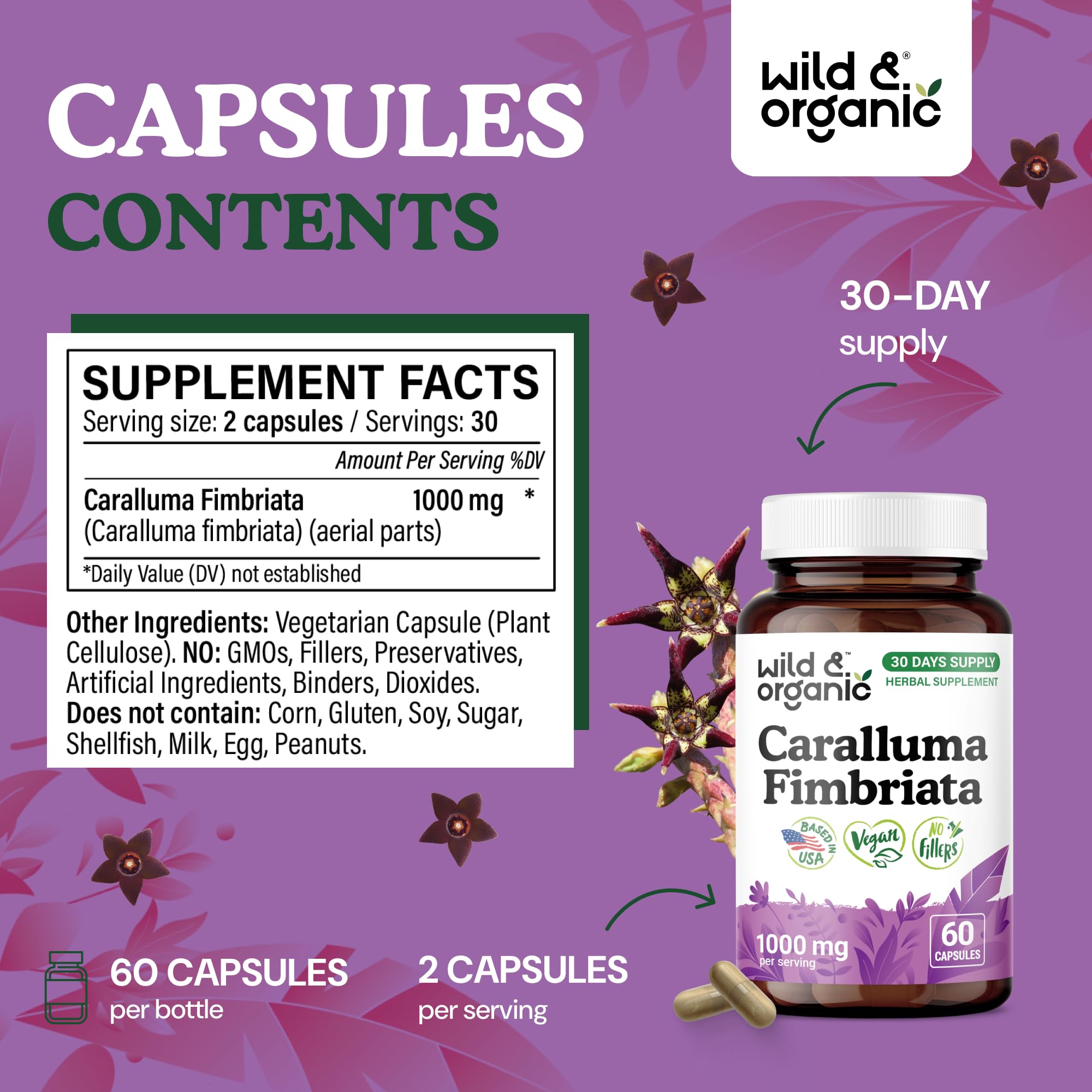 Wild & Organic Caralluma Fimbriata Capsules 1000mg label close-up