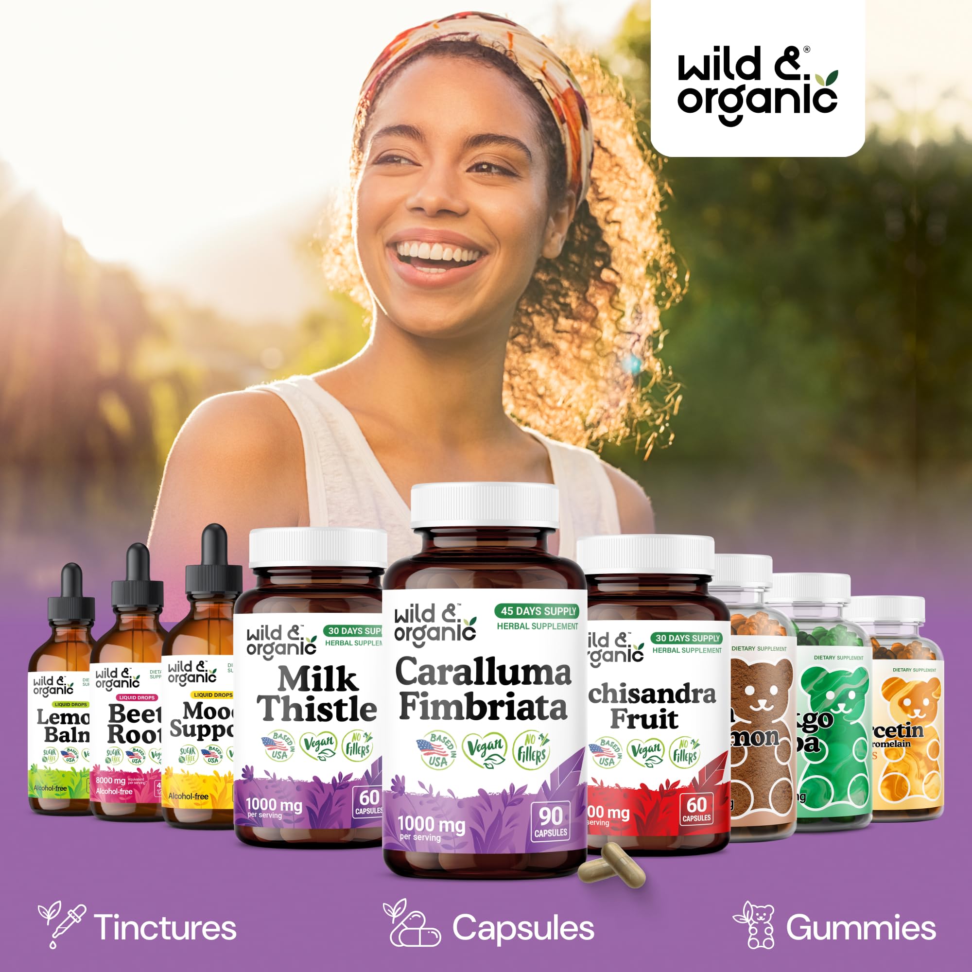 Wild & Organic Caralluma Fimbriata Capsules with greenery in the background