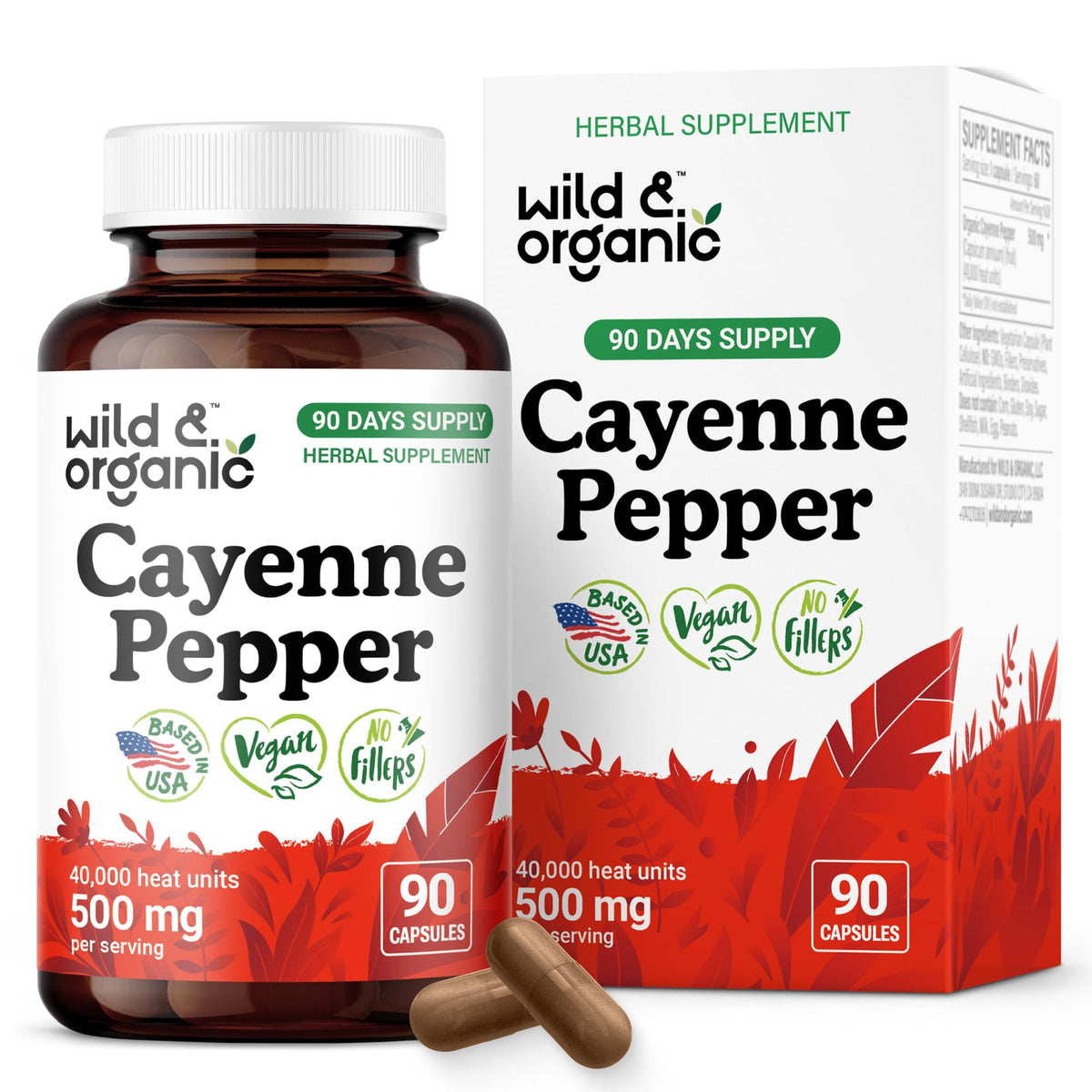Wild & Organic Cayenne Pepper Capsules 500mg front view